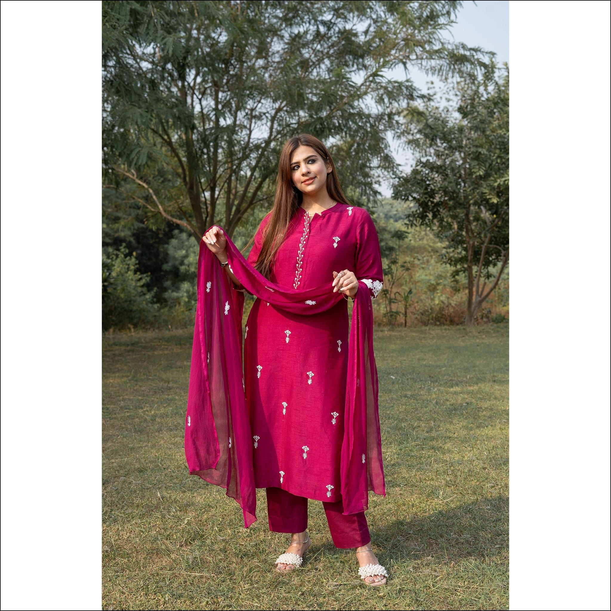 Magenta Dupian Silk Suit with Pearl Handwork & Embroidered Dupatta