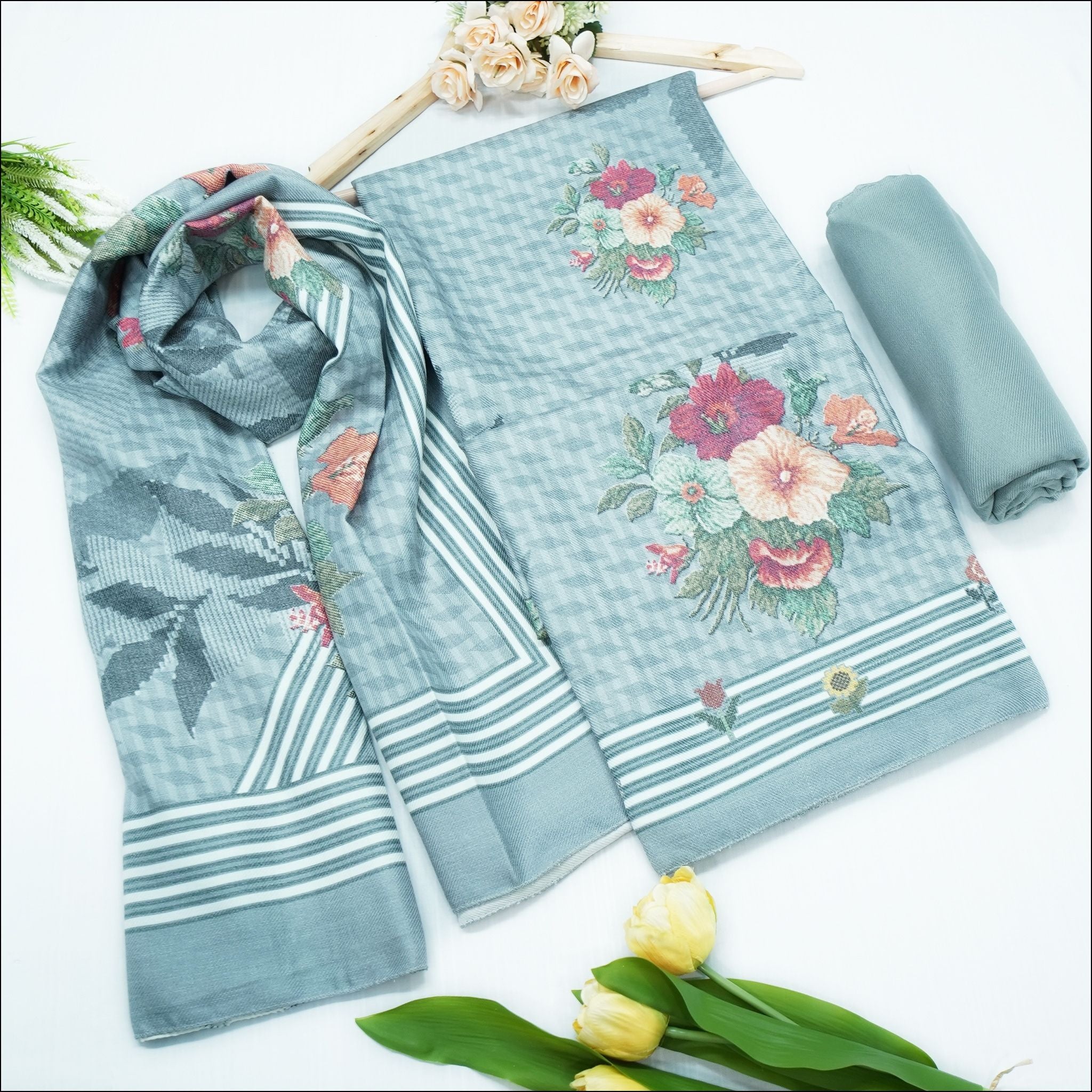 Light Blue Purple Lavender Green Spun Unstitched Winter Suit Set