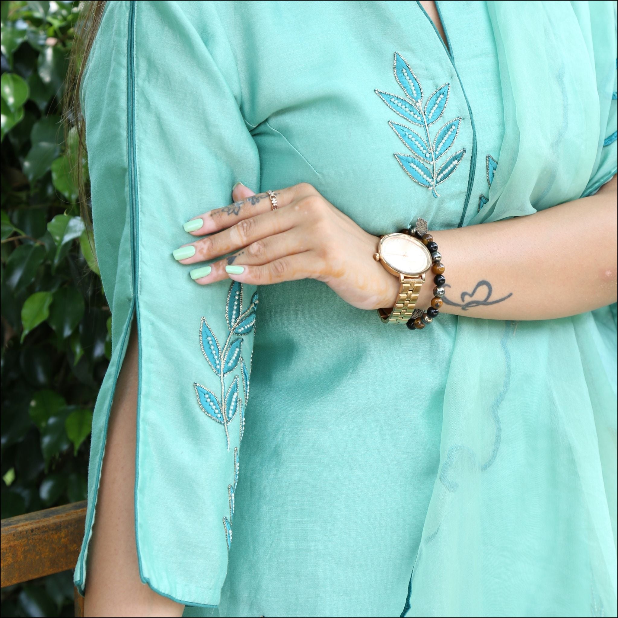 Chinese Collar V-Neck Suit with Pearl Embroidery & Organza Dupatta