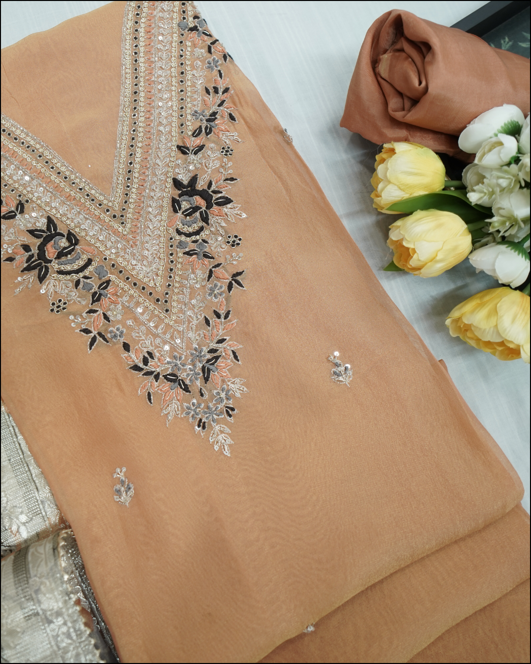 Unstitched Tissue Suit Set with Zari Dupatta & Hand-Embroidered Yoke