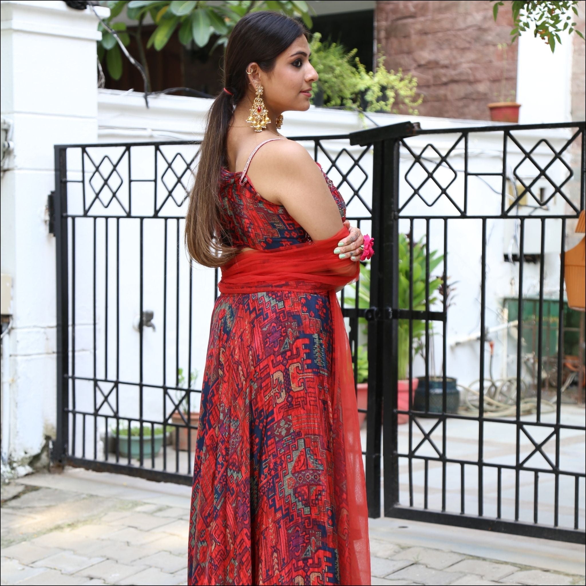Muslin Flared Plazo Set with Strap Blouse & Handwork Net Dupatta