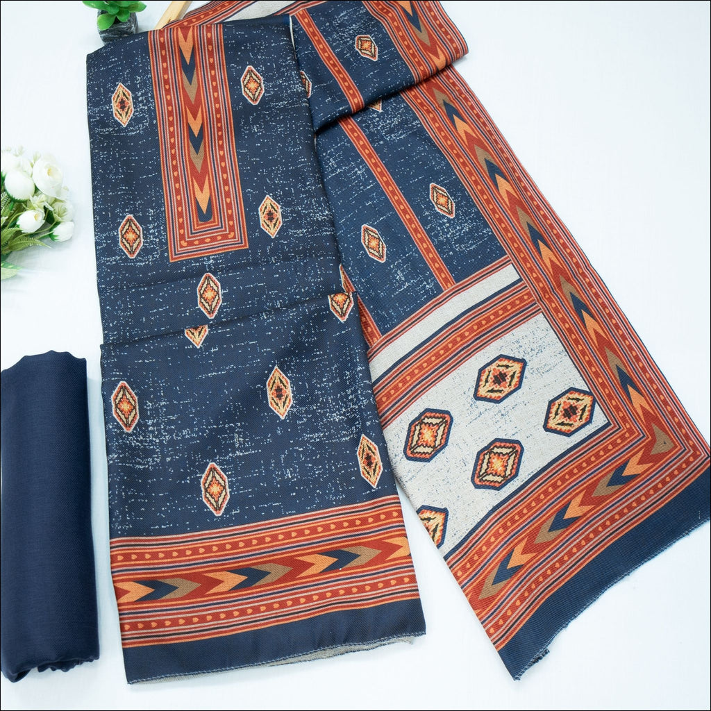 Blue Green Brown Spun Unstitched Winter Suit Set