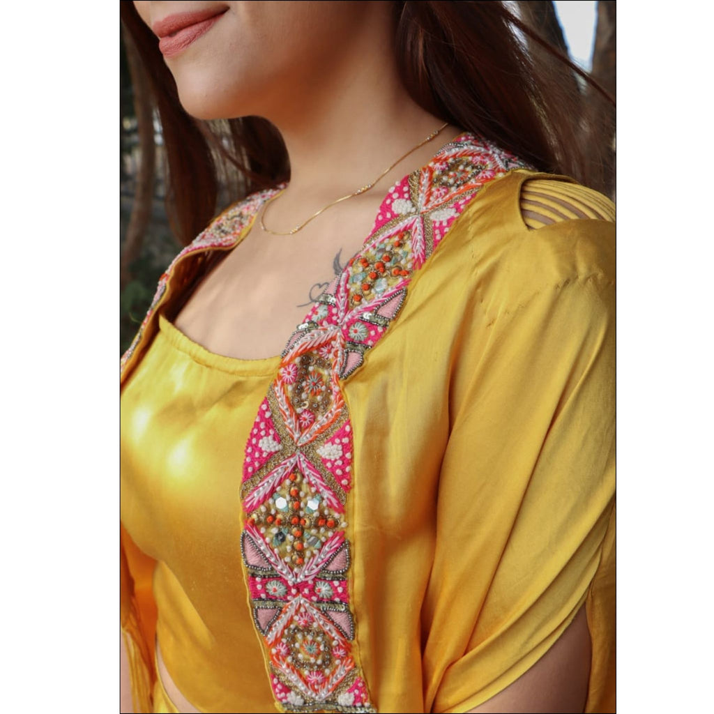 Bright Yellow Modal Silk Shrug Set with Colourful Handwork
