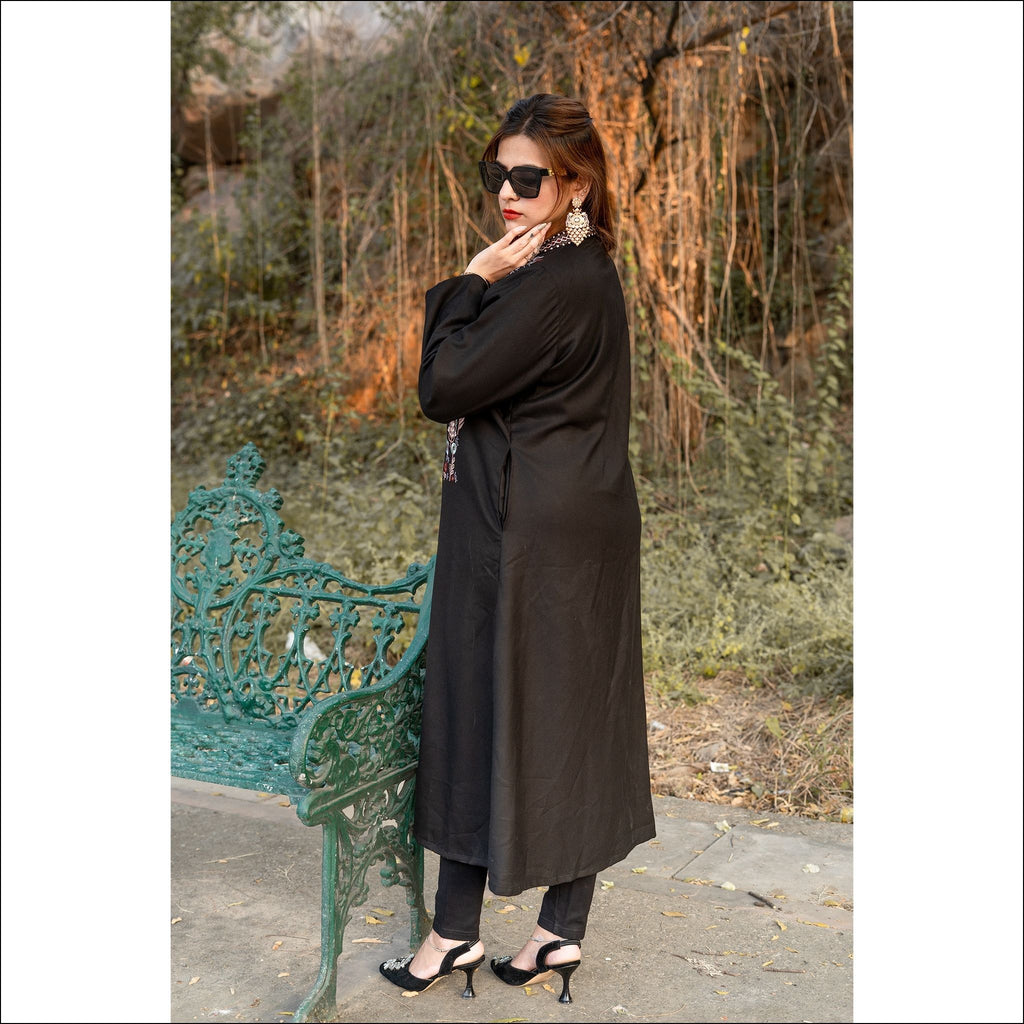 Black Spun Long Winter Coat with Heavy Colourful Embroidery