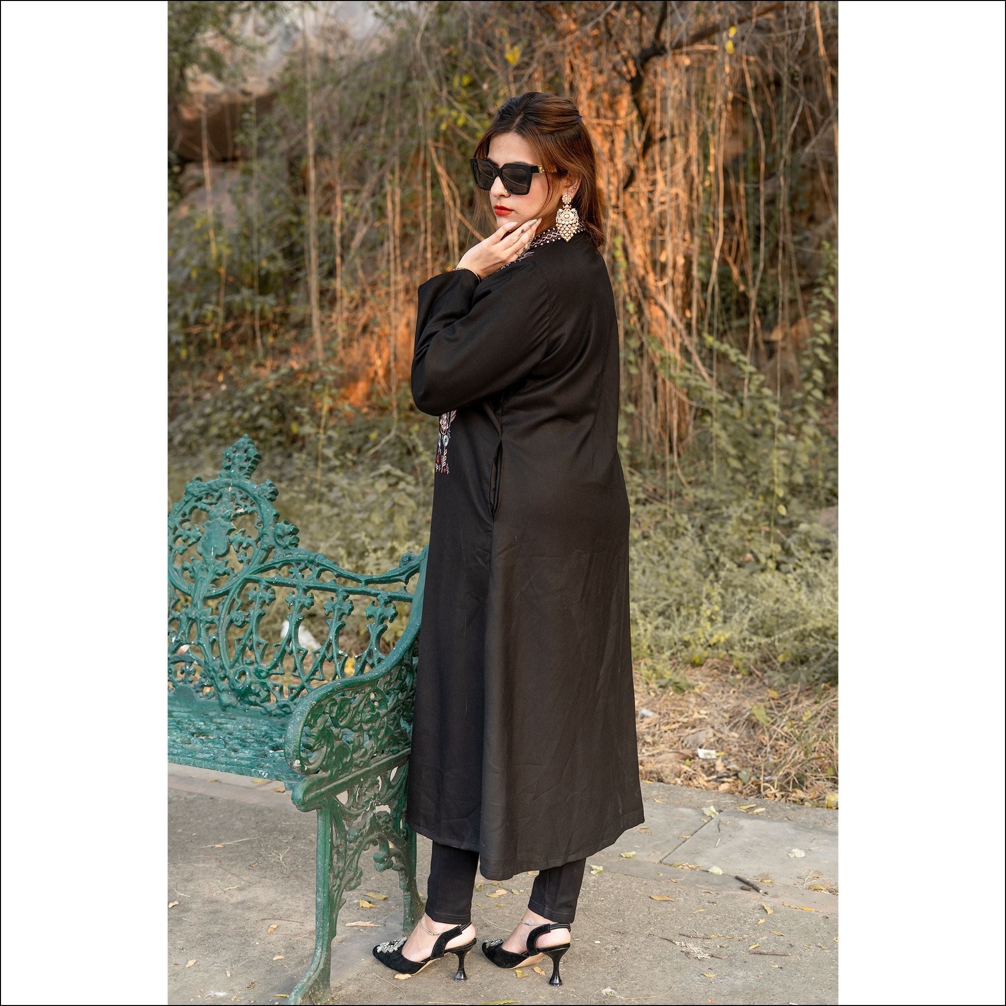 Black Spun Long Winter Coat with Heavy Colourful Embroidery