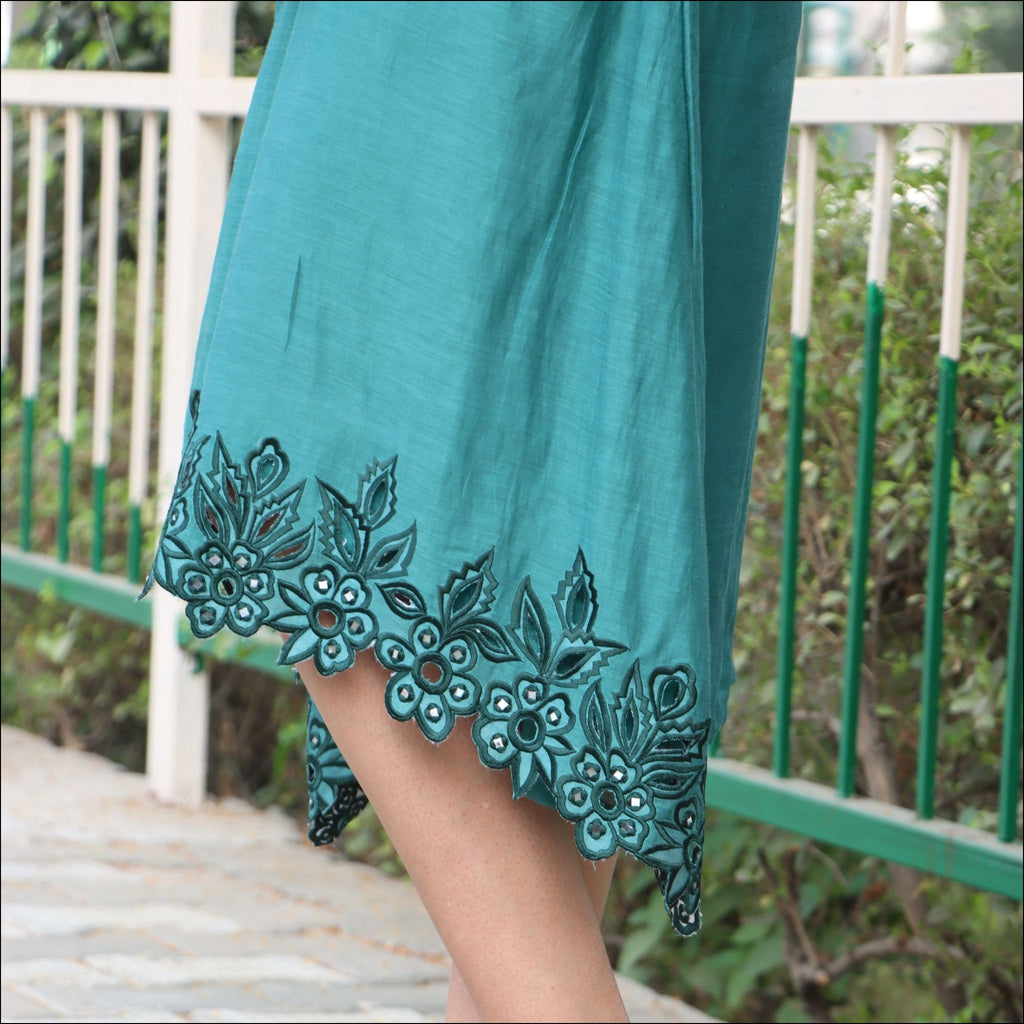 C-Cut Mul Cotton Dress with Collar & Mirror Work Embroidery