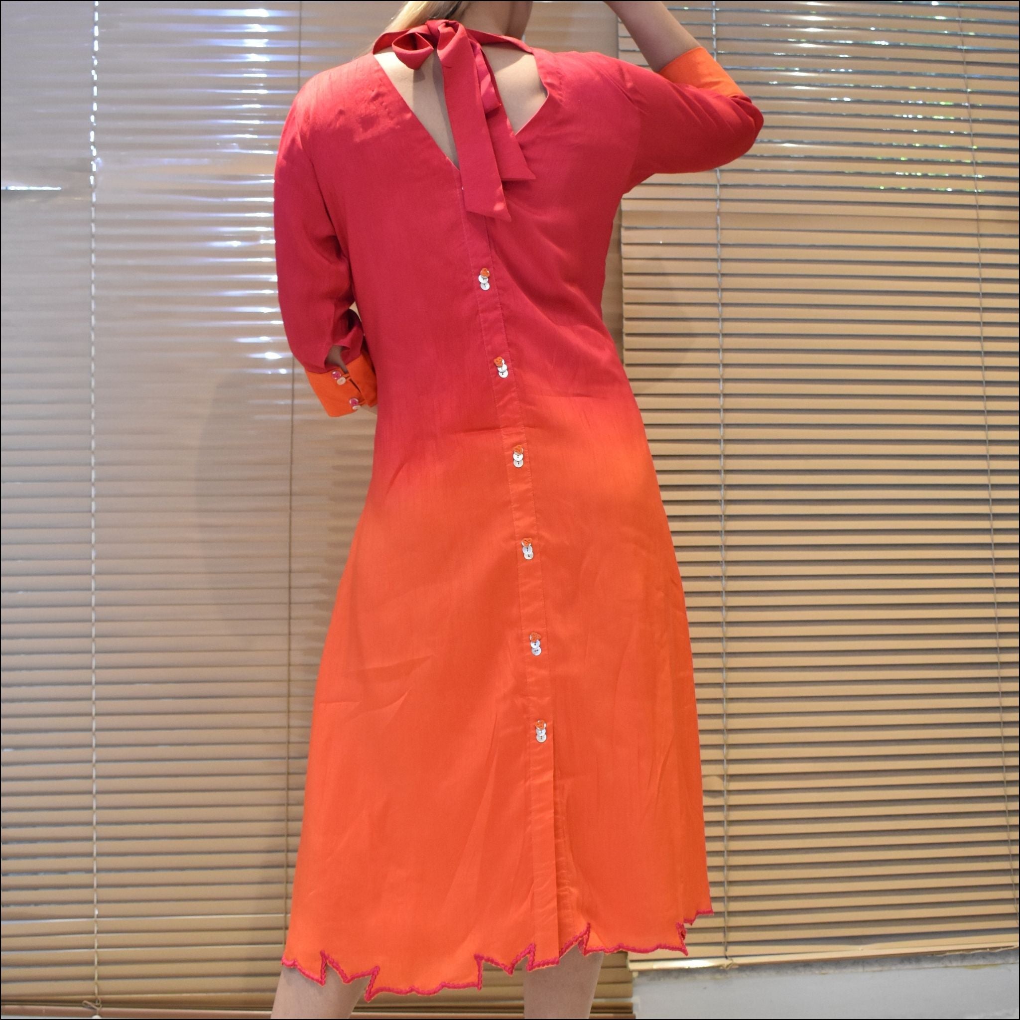 Ombre V-Neck Dress with Belt & Stylish Button Detailing