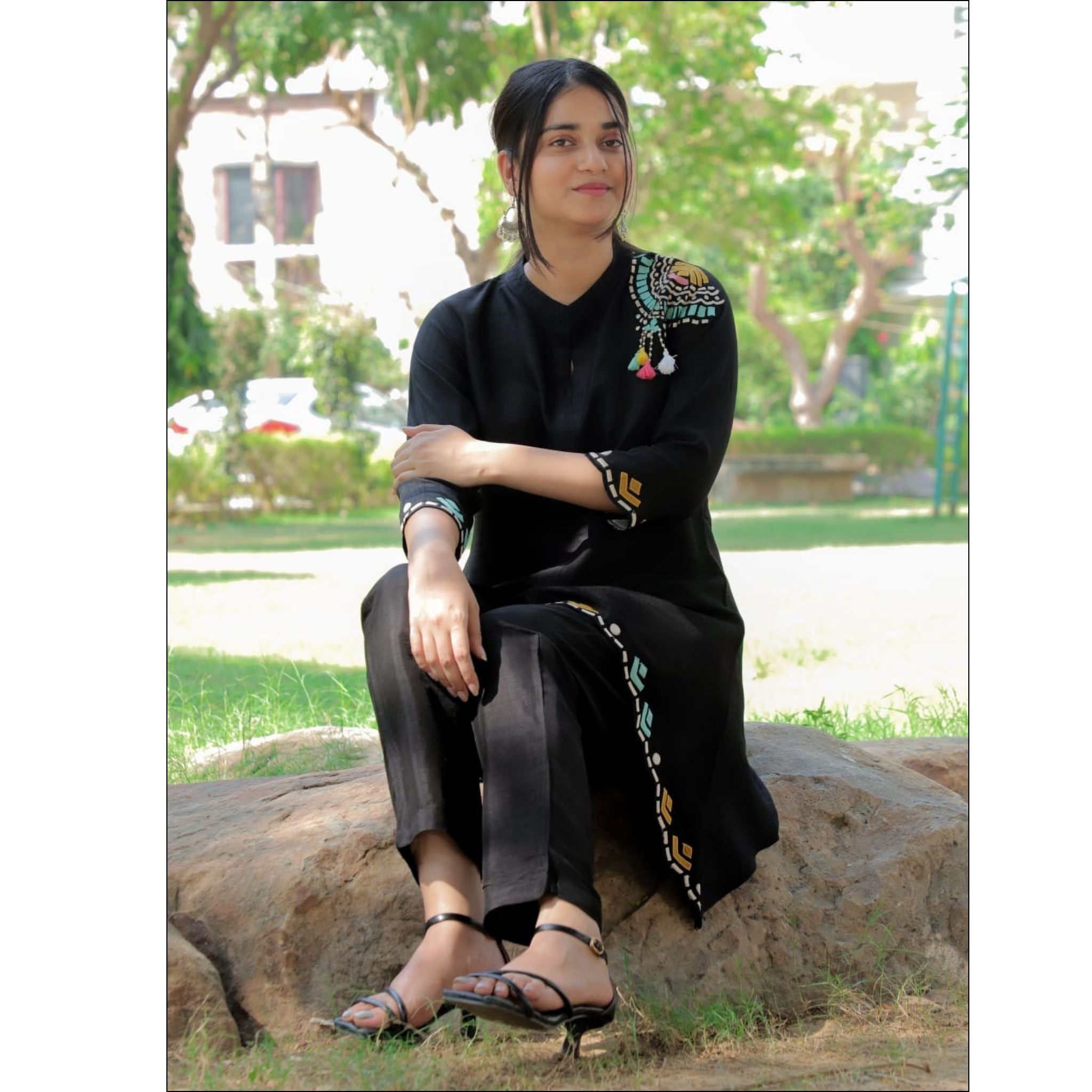 Black Dupian Silk Co-ord Set with Patch Work & Handmade Tassels