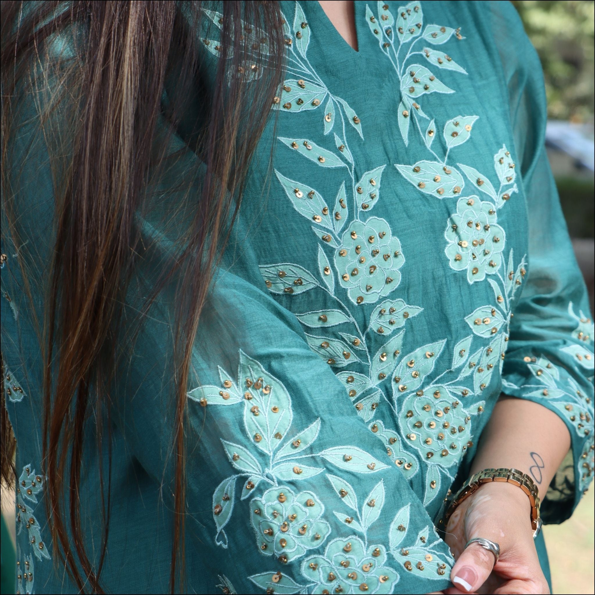 Mul Cotton Suit Set with Organza Dupatta & Applique Work
