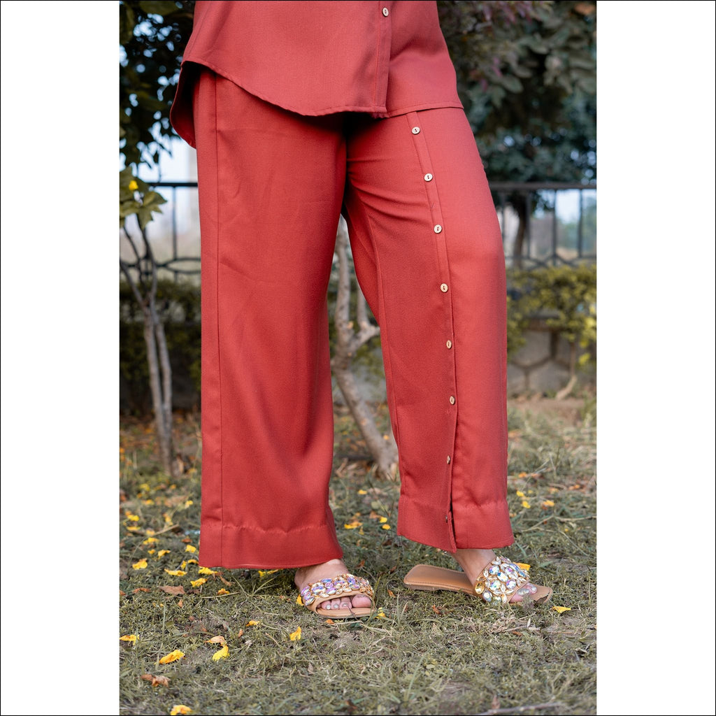 Rust Spun Co-ord Set with V-Neck & Embroidered Details