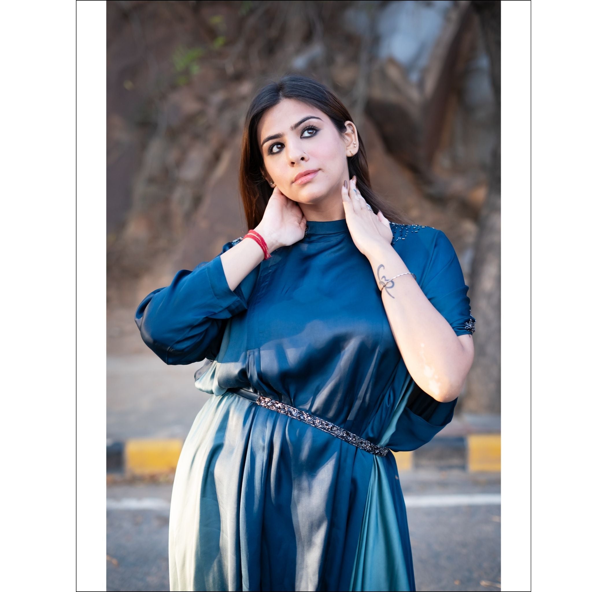 Blue Ombre Modal Silk Indo Western Gown with Handwork Belt