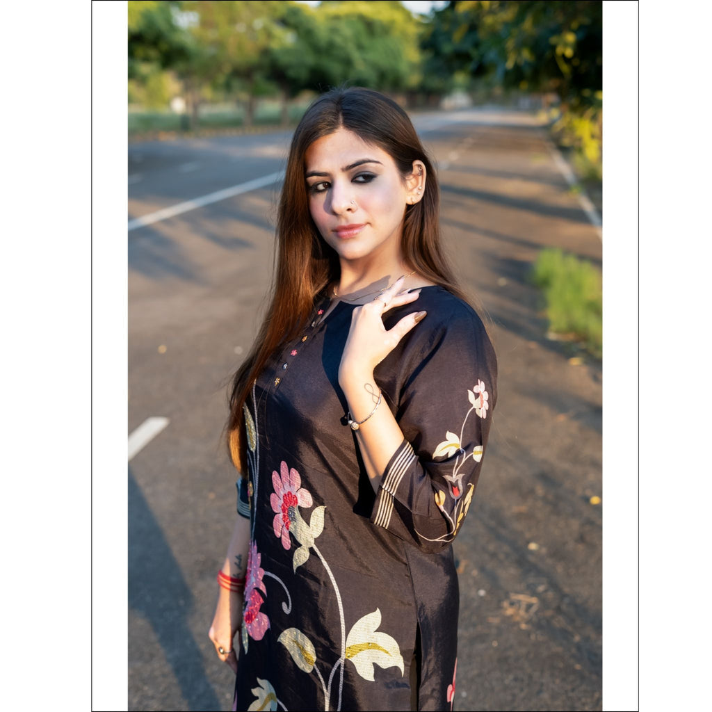 Black Russian Muslin Kurti with Floral Print & Sequin Embroidery