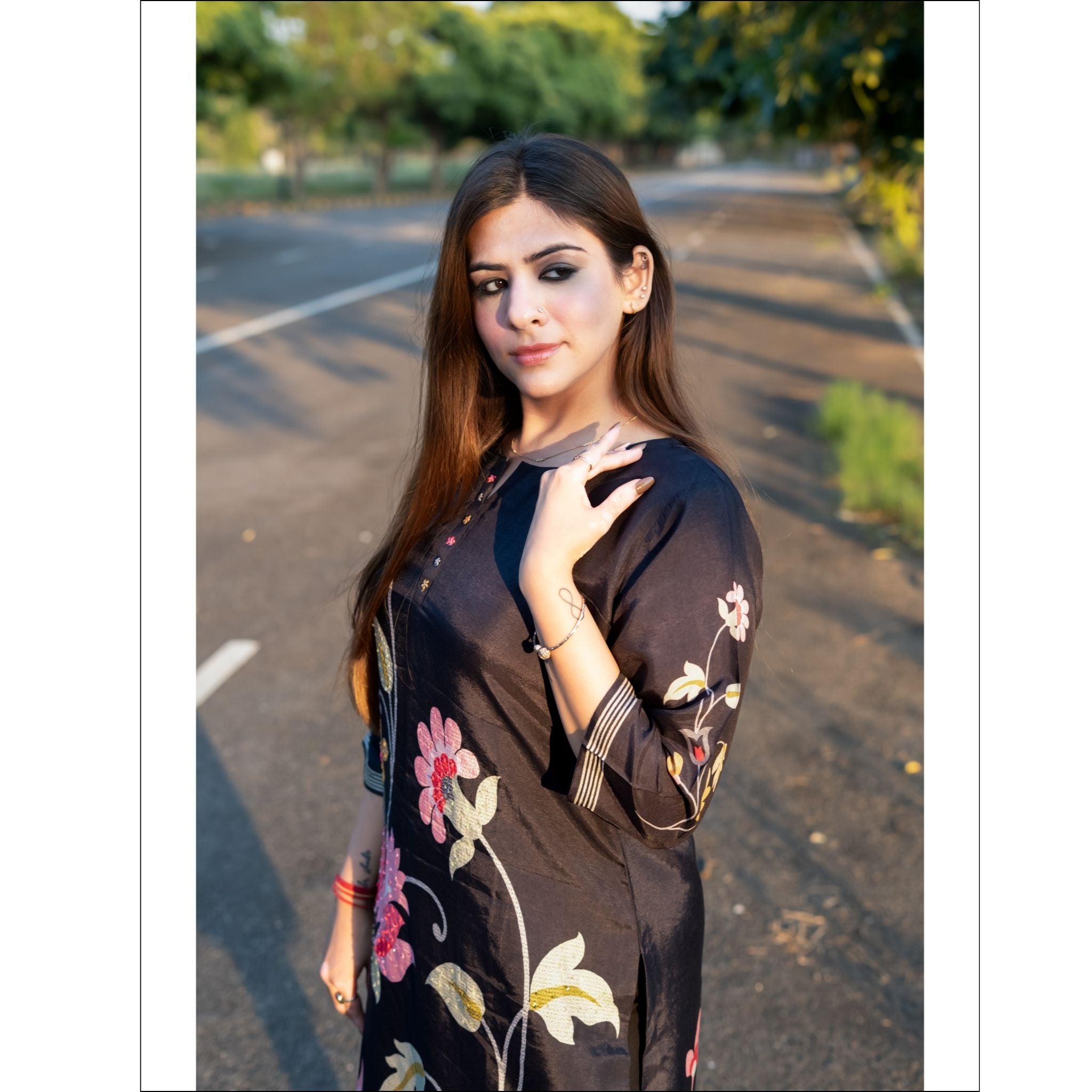 Black Russian Muslin Kurti with Floral Print & Sequin Embroidery