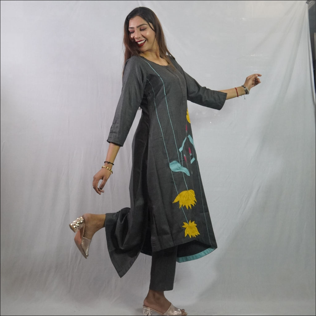 Grey Spun Kurti Pant Set with Colourful Applique Work