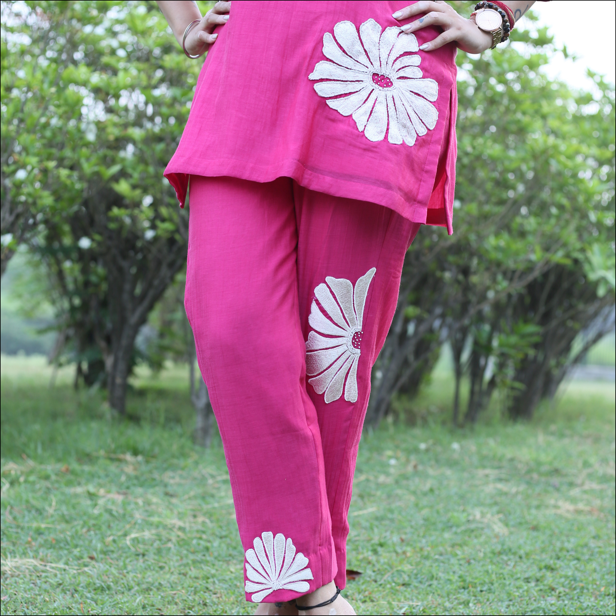 Hot Pink Cotton Co-ord Set Embroidered & Pearl Work