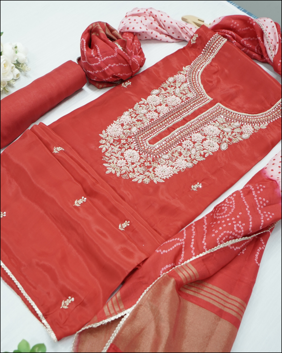 Unstitched Crepe Suit Set with Handwork Yoke & Bandhej Dupatta