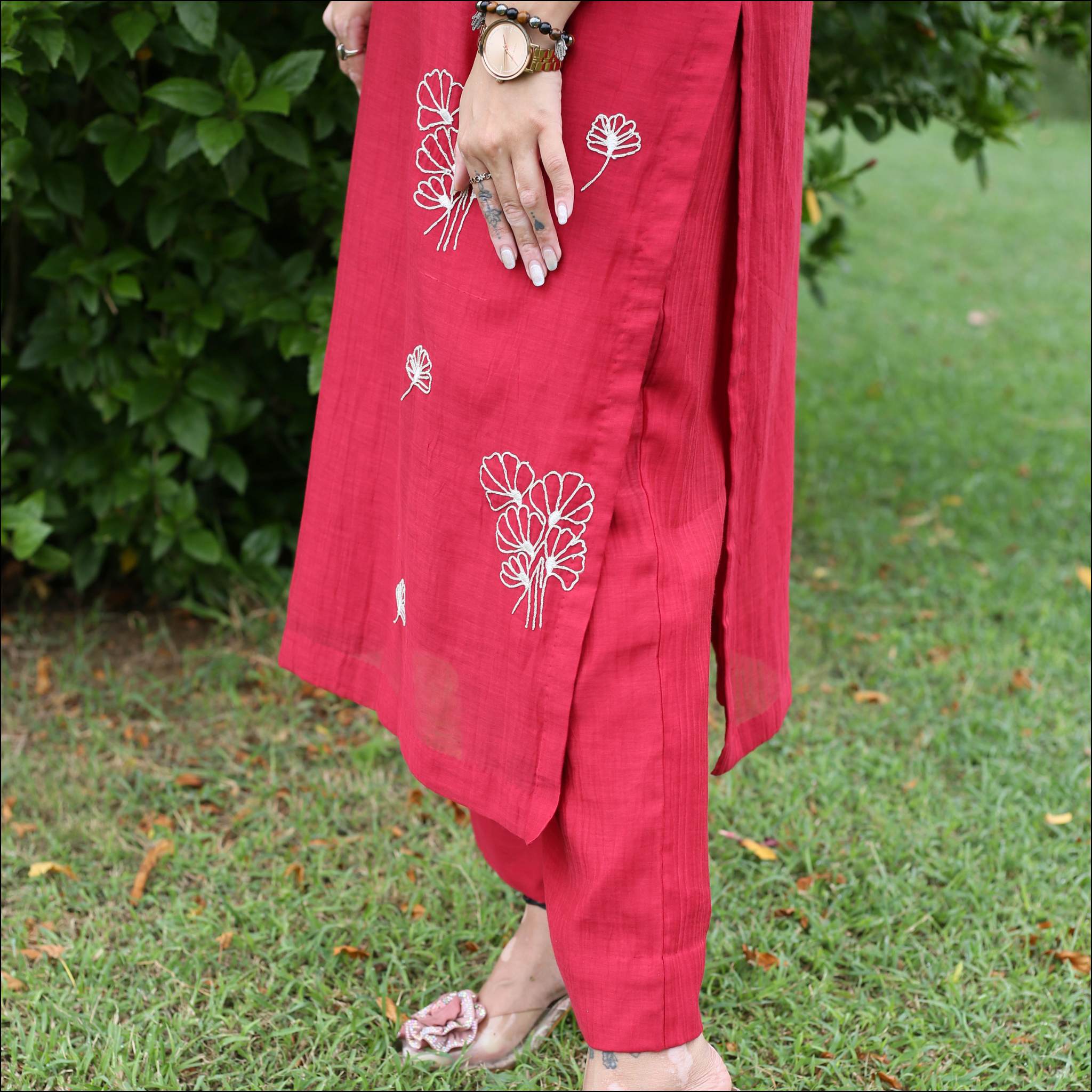 Red Mul Cotton Kurti Set with Dori, Sequin & Pearl Work