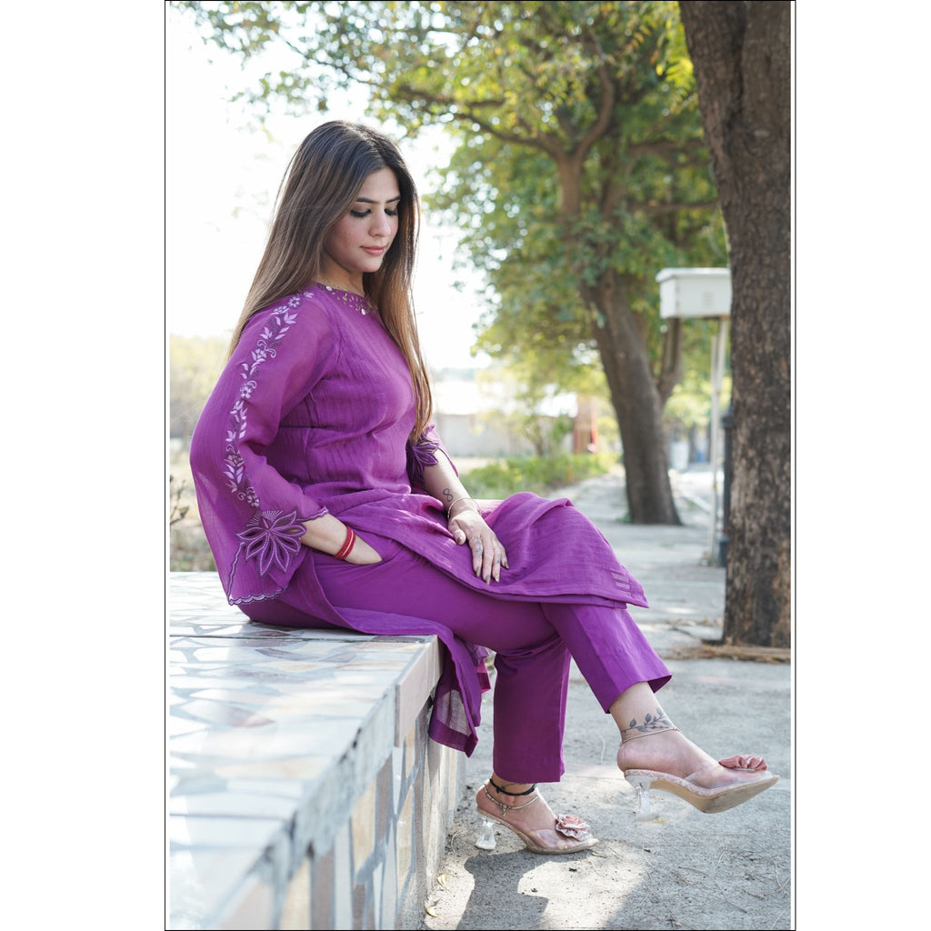 Purple Mul Cotton Kurti Pant Set with Bell Sleeves & Embroidery