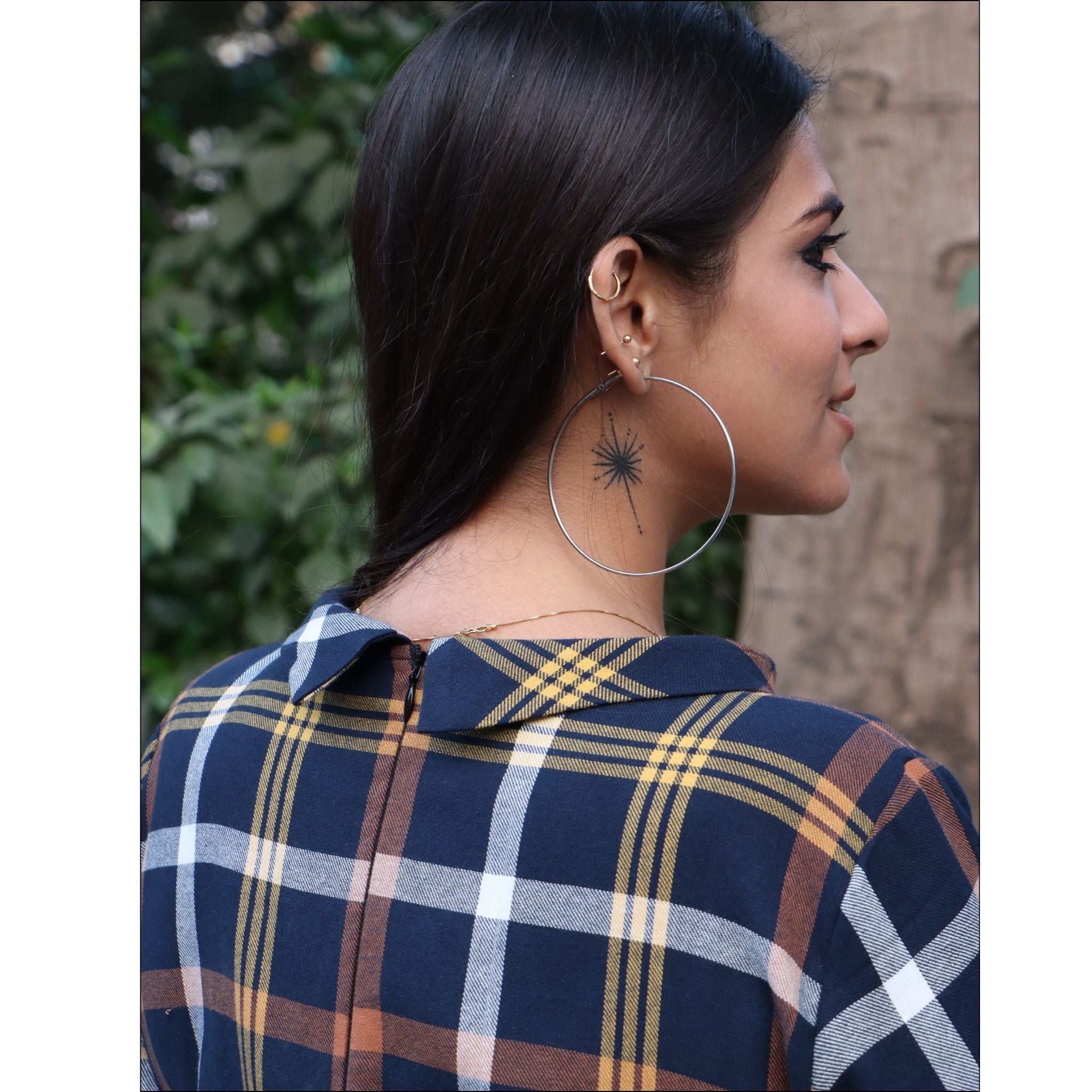 Navy Blue Spun Checks Knee-Length Winter Dress