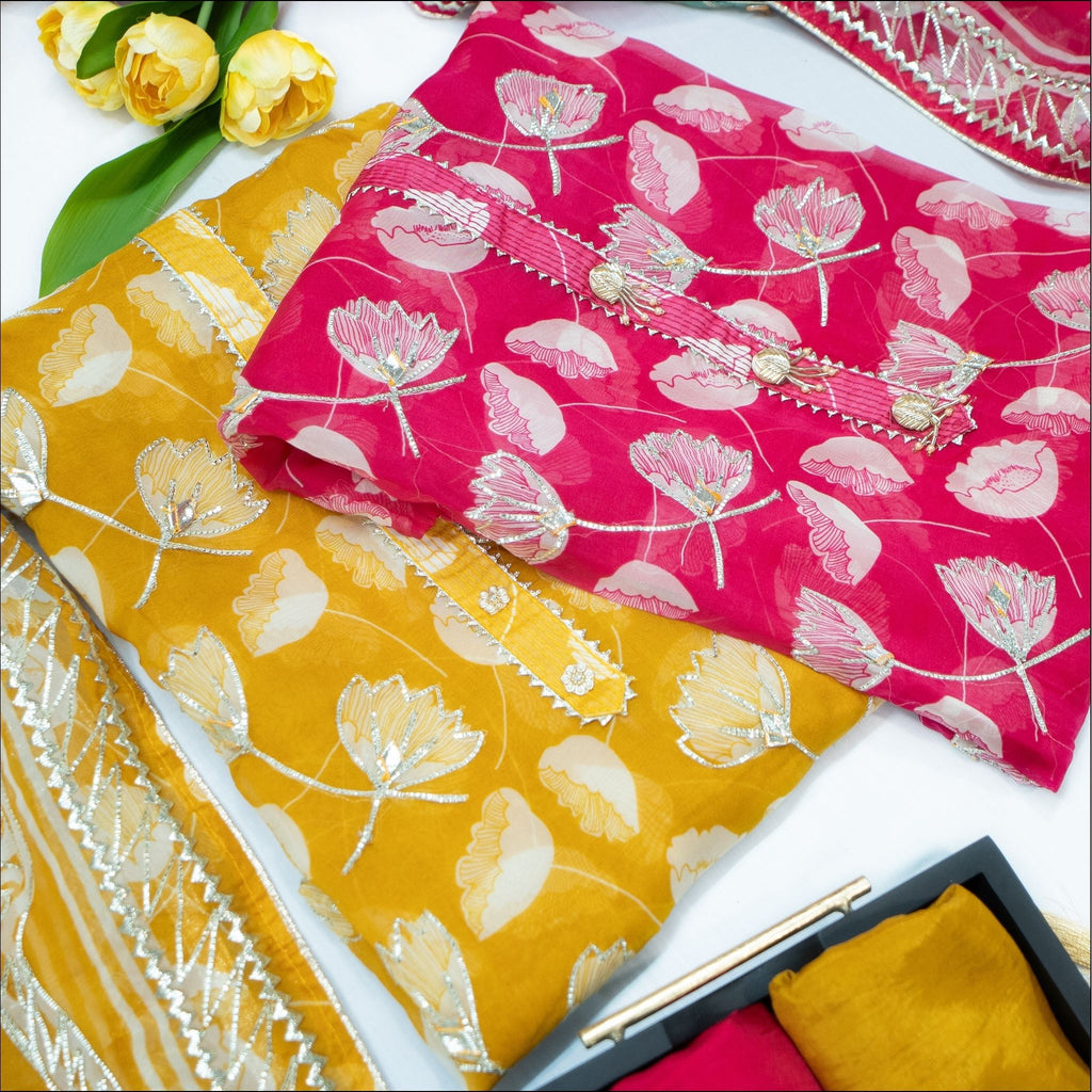 Pink Yellow Organza Unstitched Suit Set with Gotta Patti Work