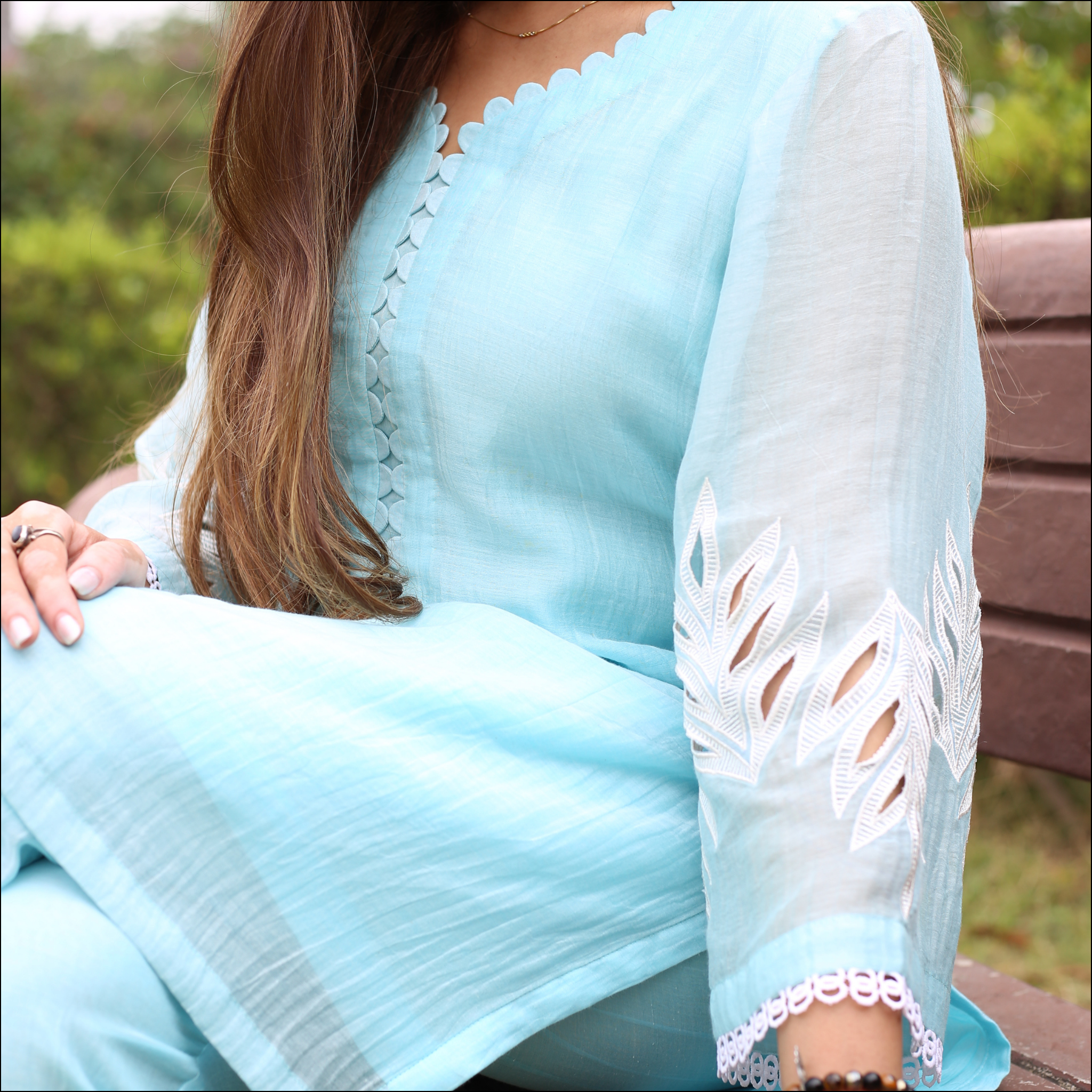 Ice Blue Mul Cotton Co-ord Set with Embroidery & Lace Detailing