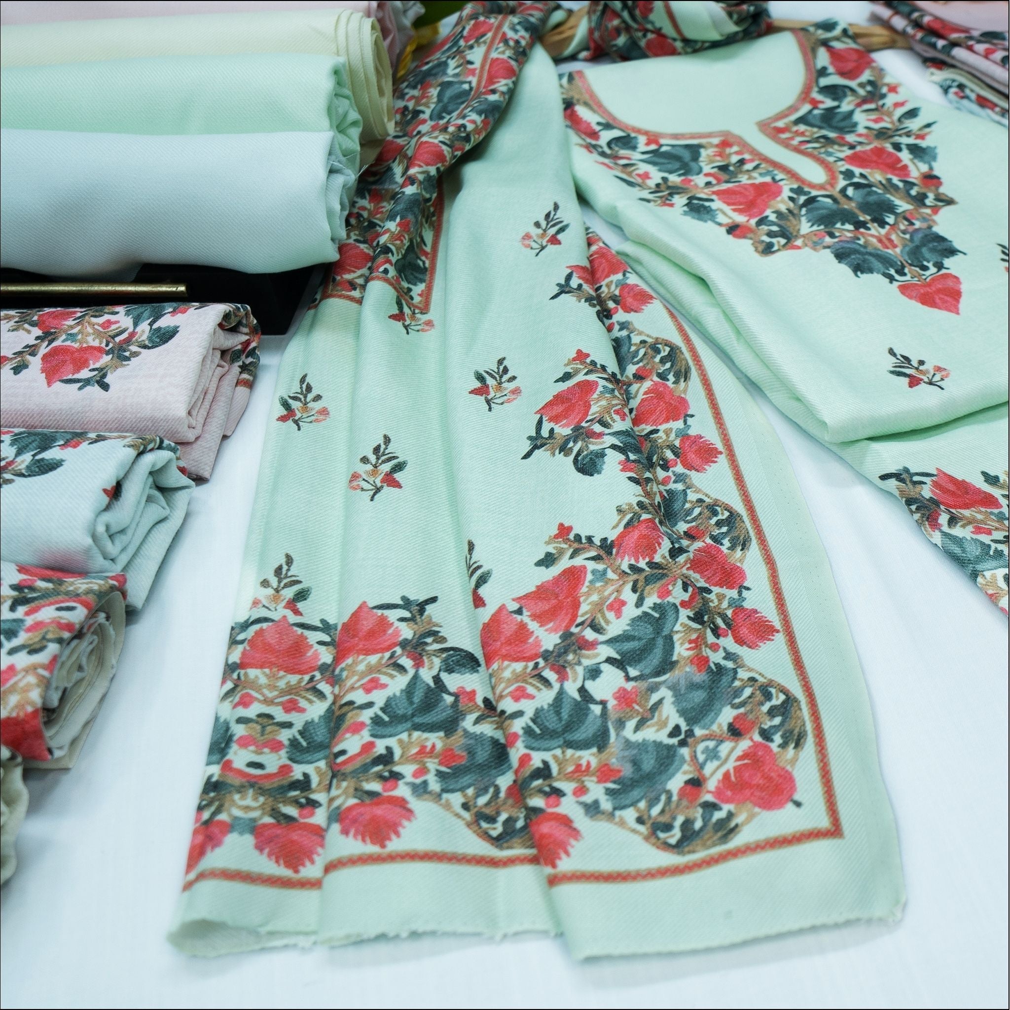 Mint Green Pink Off White Peach Beige Spun Unstitched Winter Suit Set