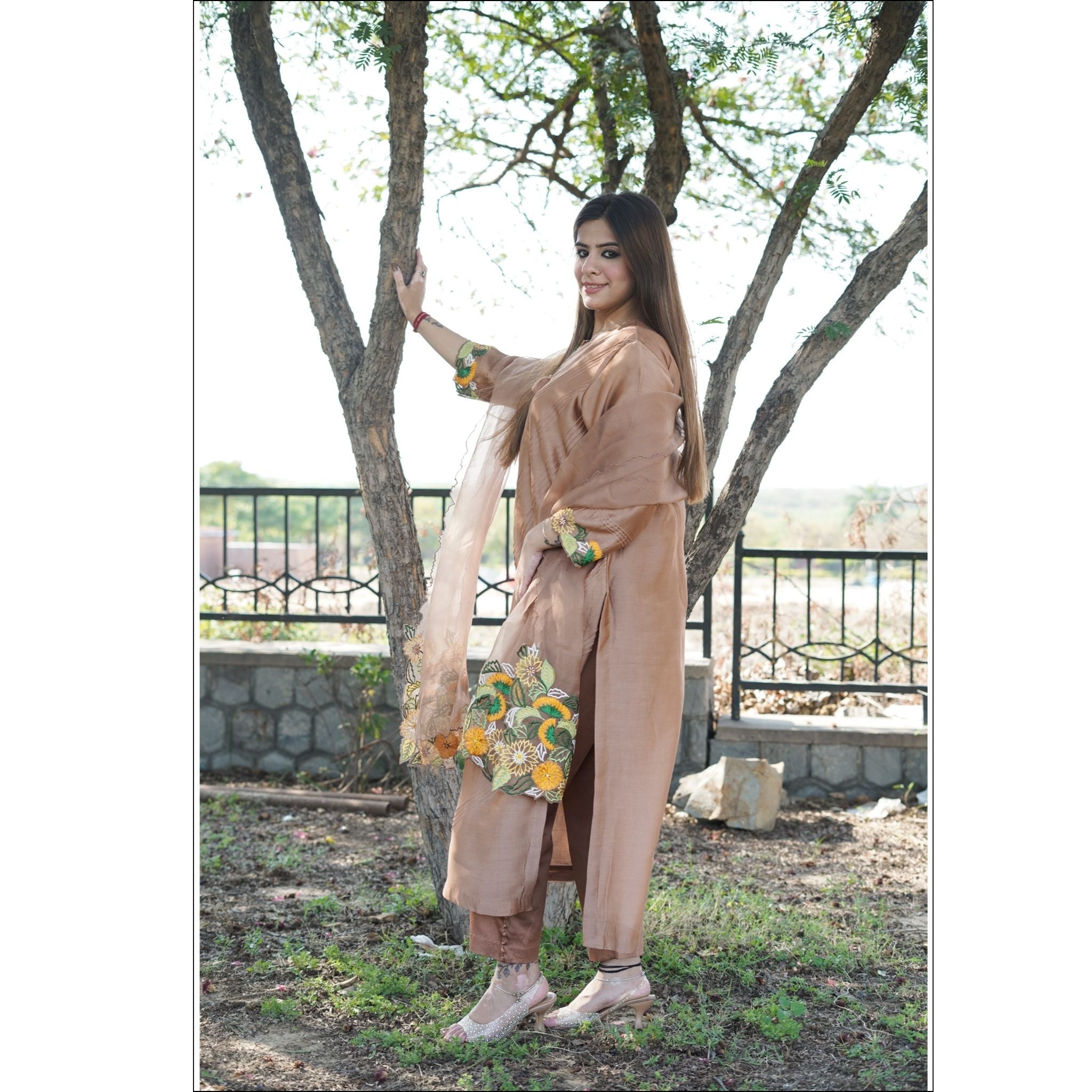 Muted Beige Chanderi Suit Set with Printex, Floral Embroidery & Organza Dupatta