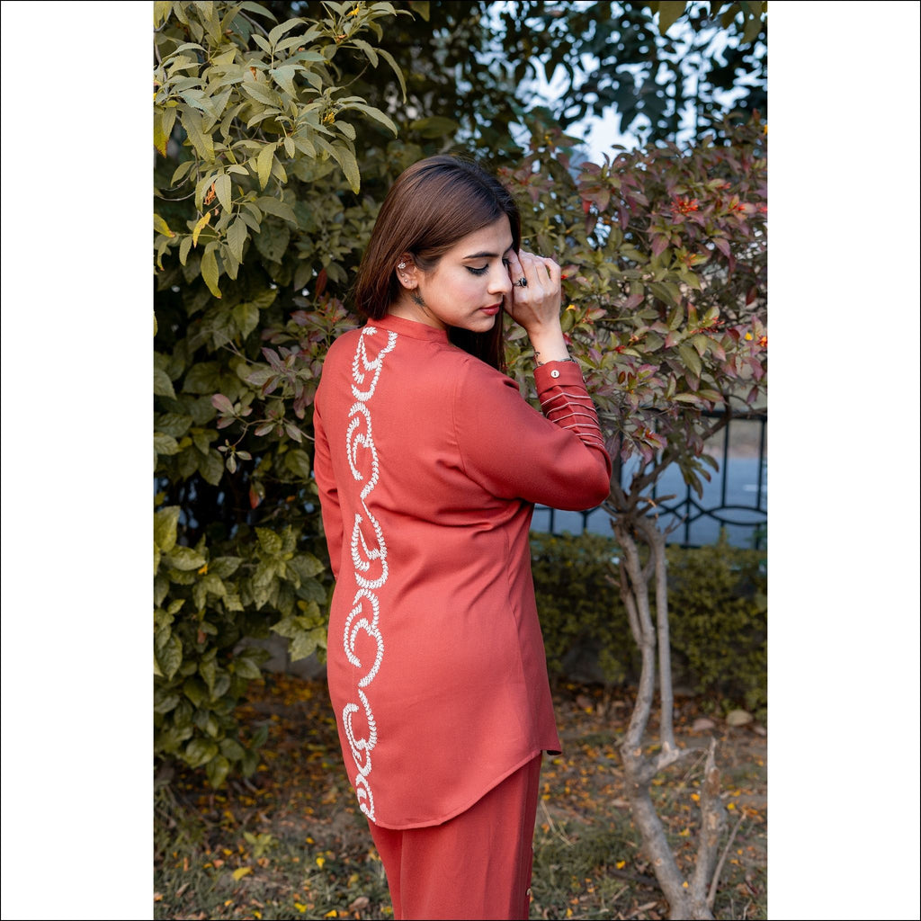 Rust Spun Co-ord Set with V-Neck & Embroidered Details