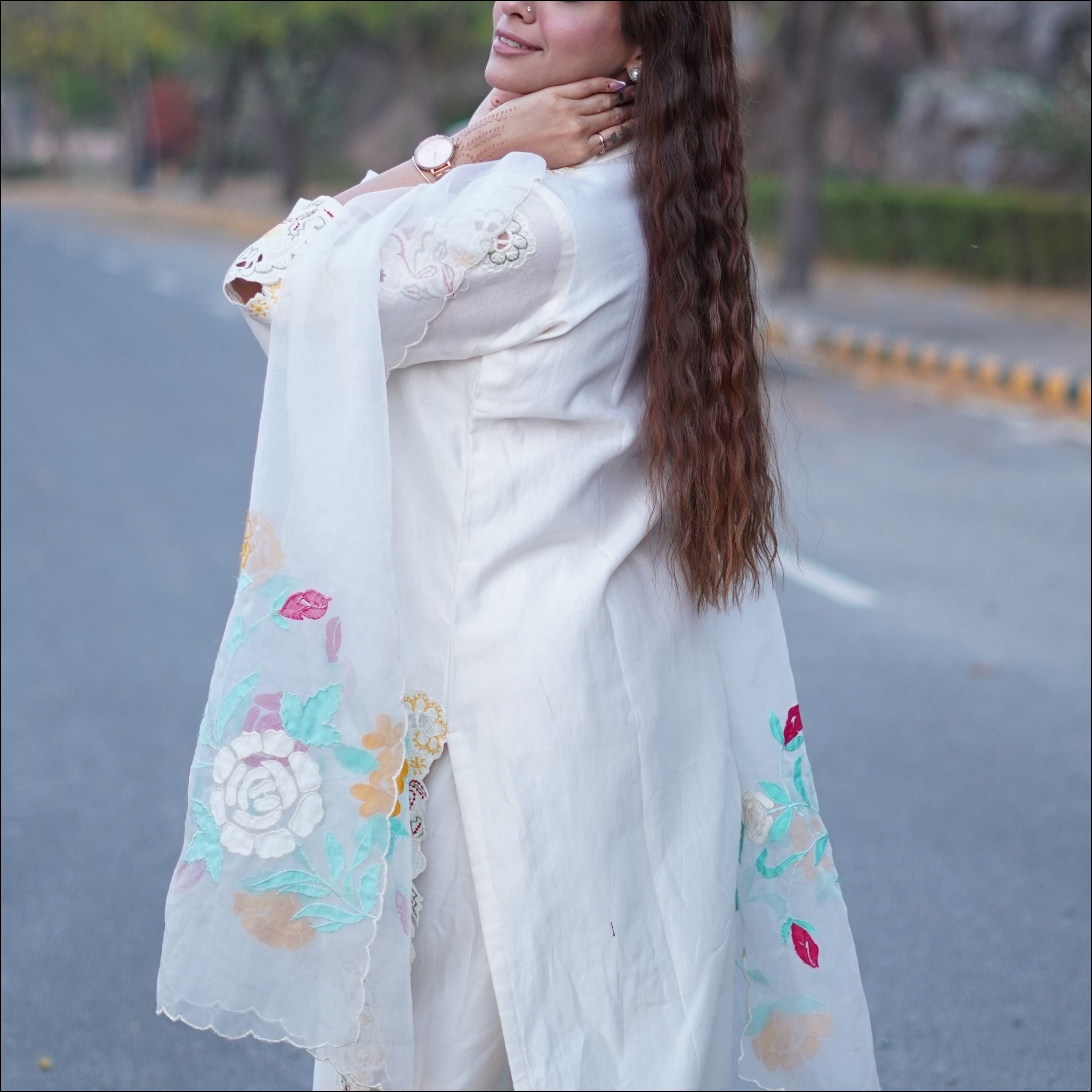 Off-White Cotton Chanderi Suit Set with Embroidered Organza Dupatta