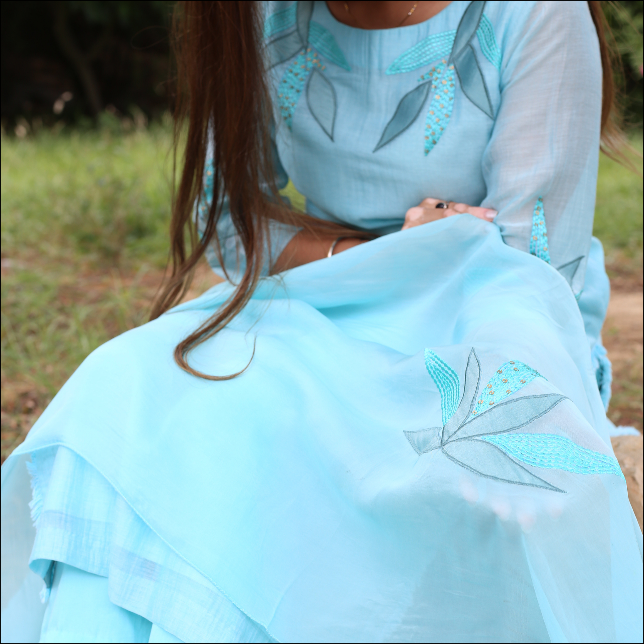 Ice Blue Suit Set with Organza Dupatta & Sequin Embroidery