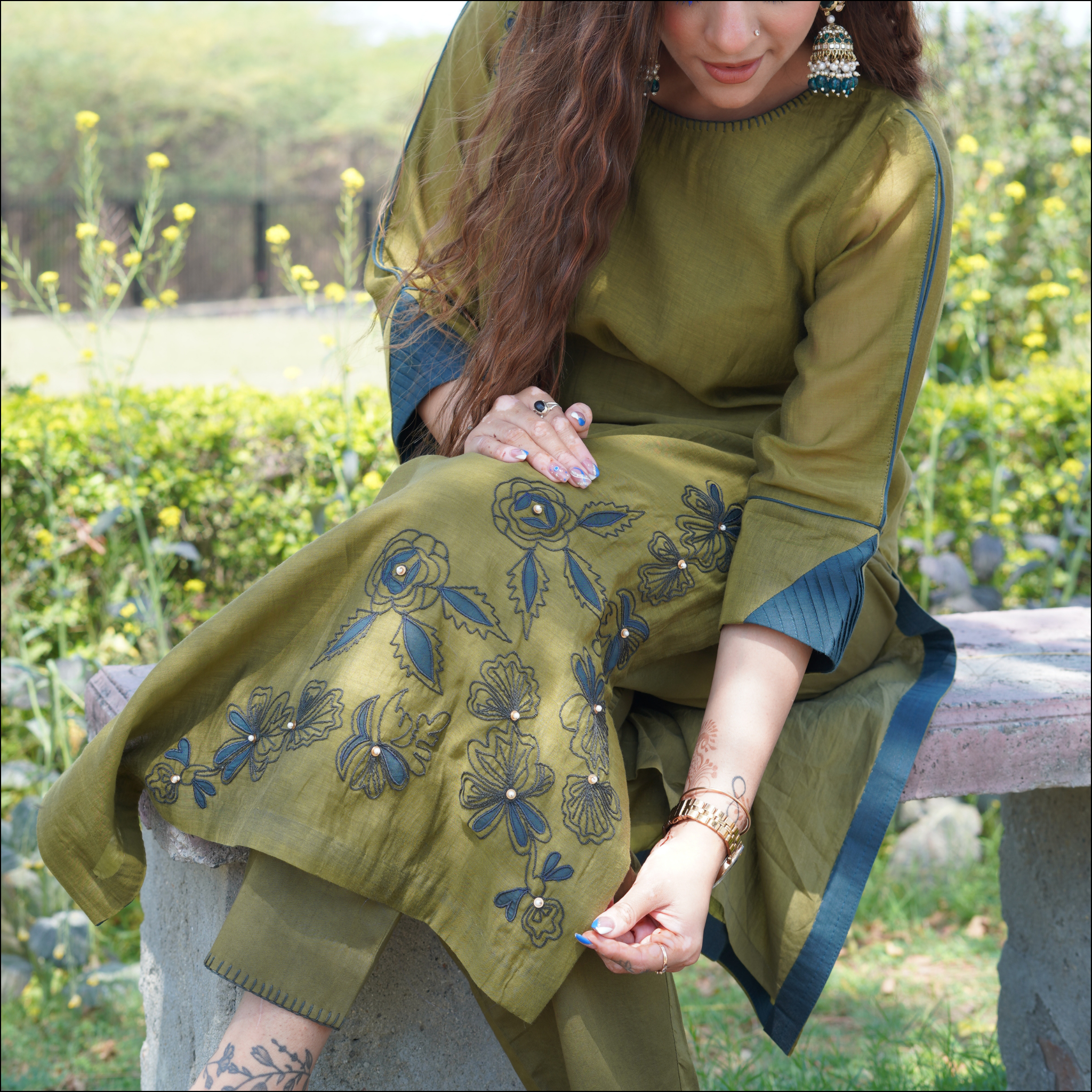 Suit Set with Dori Work & Double-Color Embroidered Dupatta