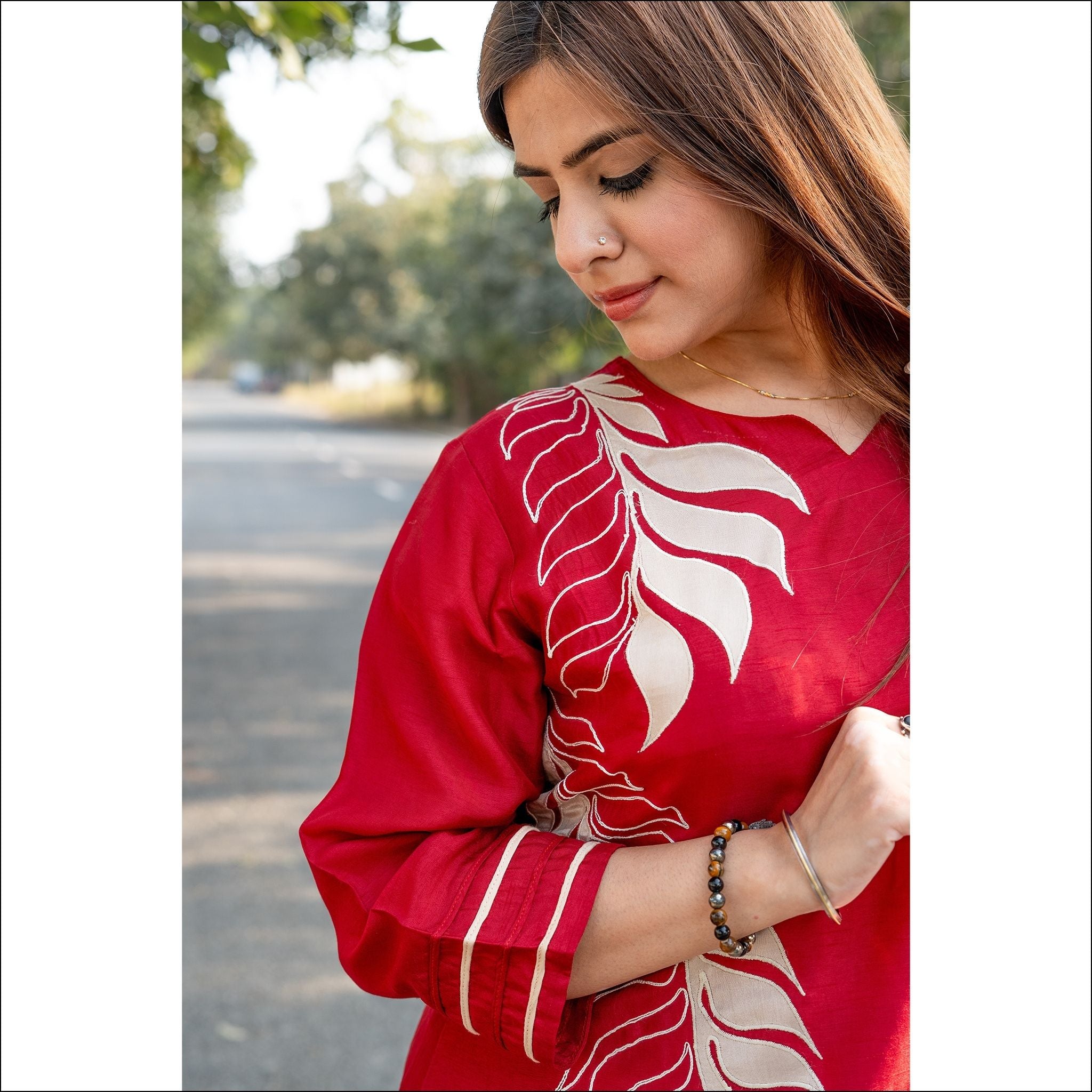 Red Black Dupian Silk Kurti Pant Set with Applique Work