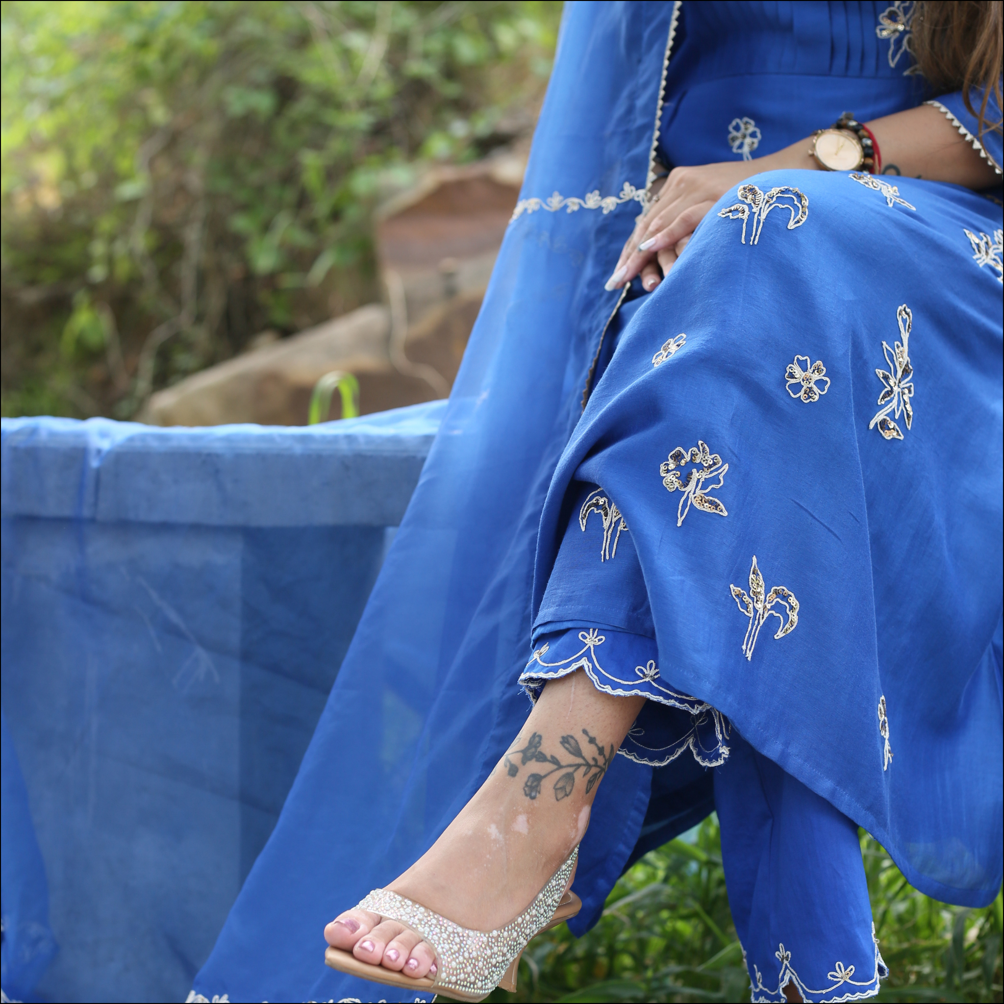 Blue Chanderi Suit with Embroidered Organza Dupatta