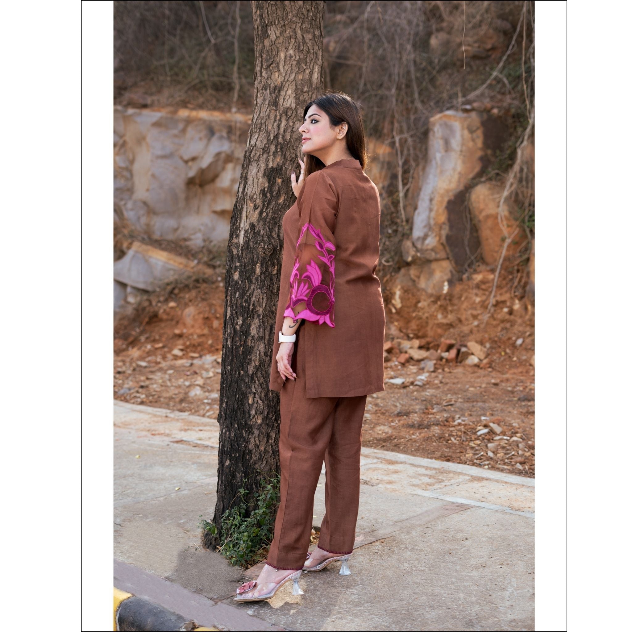 Gold Brown Cotton Chanderi Customized Co-ord Set with Applique & Hand Embroidery