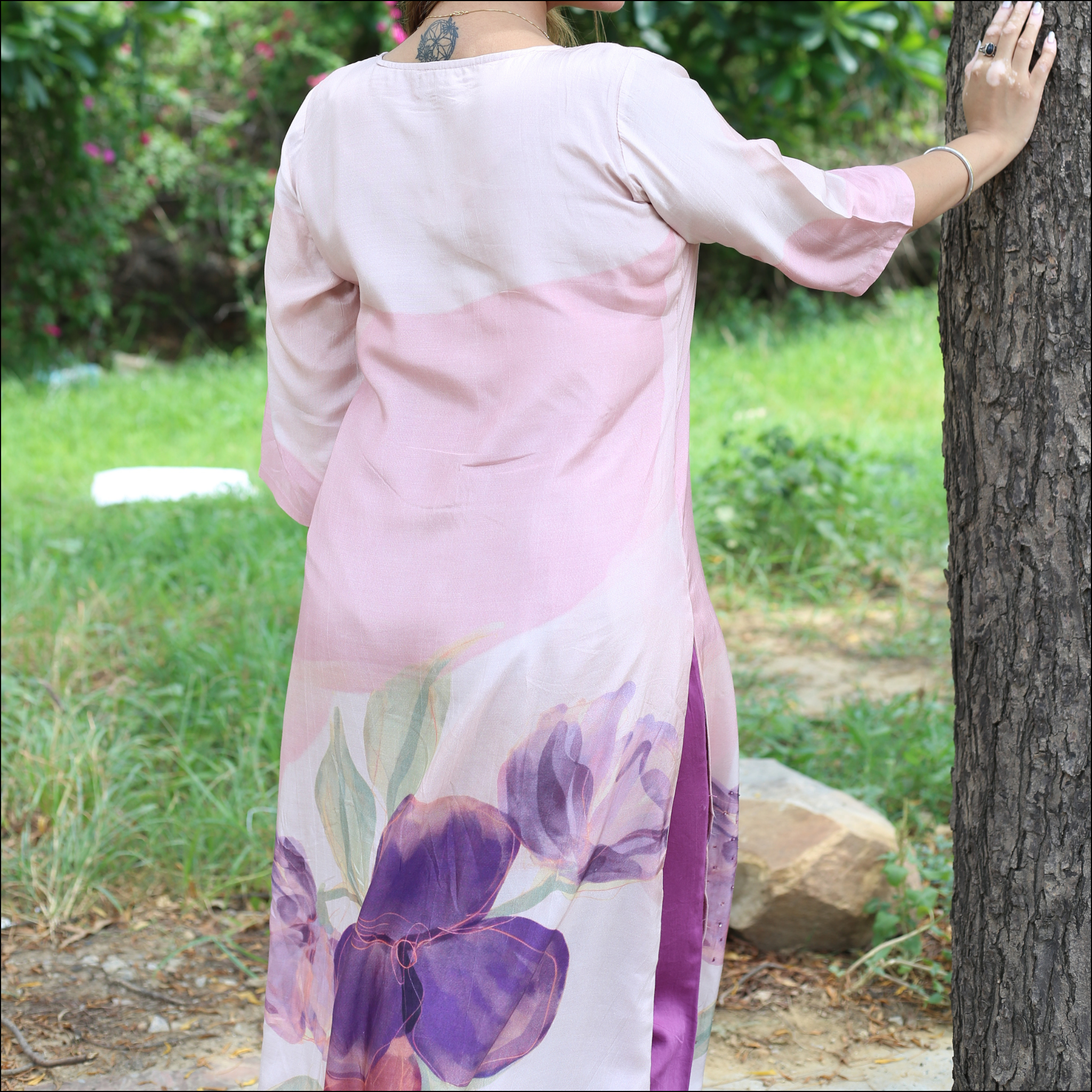 Printed Muslin Kurti with Handwork Floral Design & Buttons