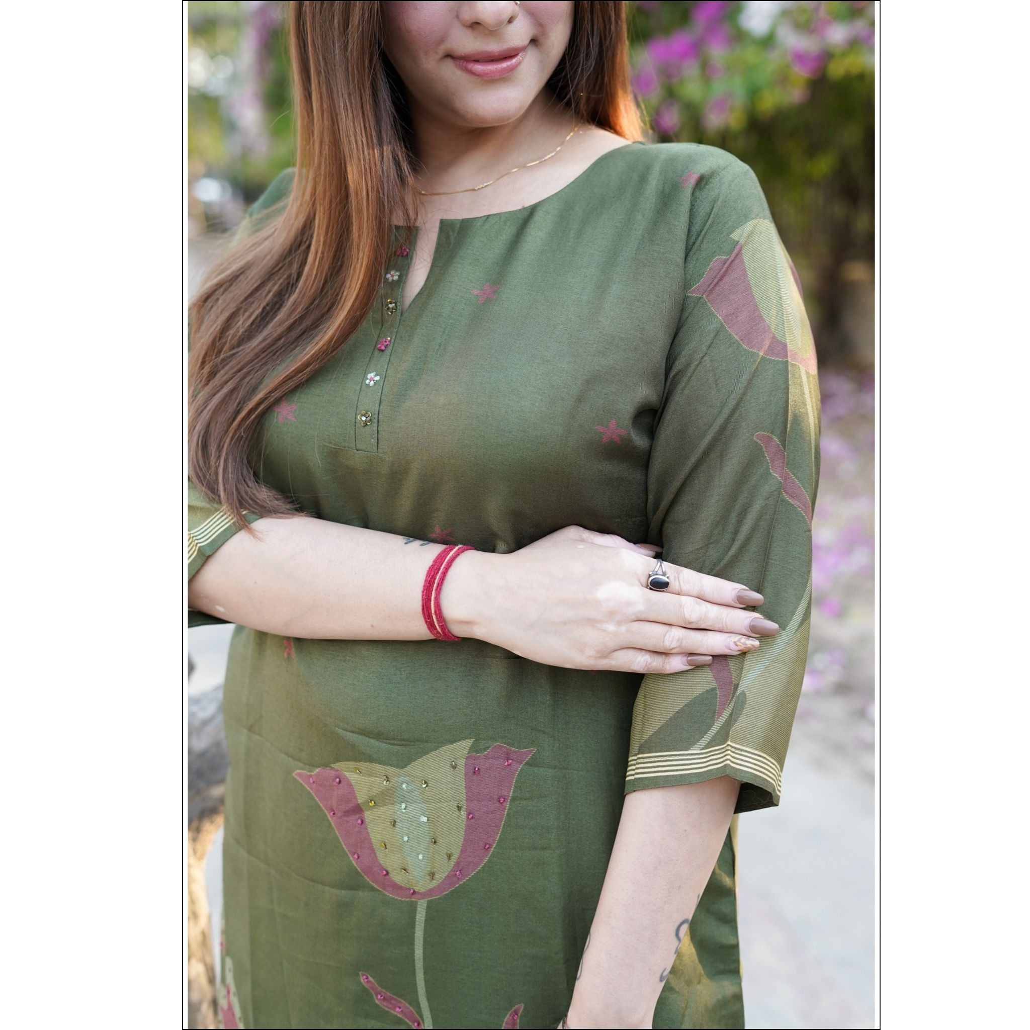 Olive Green Muslin Kurti with Floral Motifs & Designer Buttons