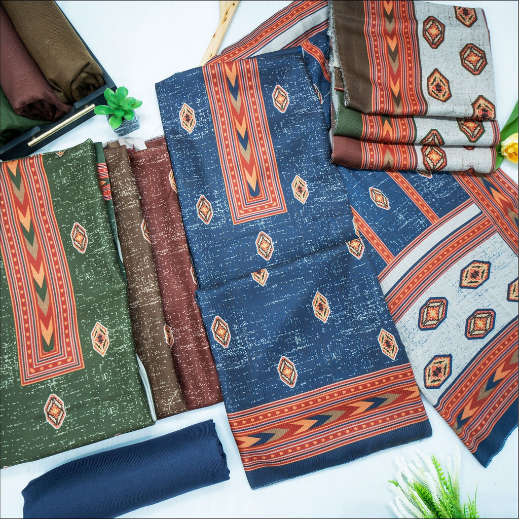 Blue Green Brown Spun Unstitched Winter Suit Set