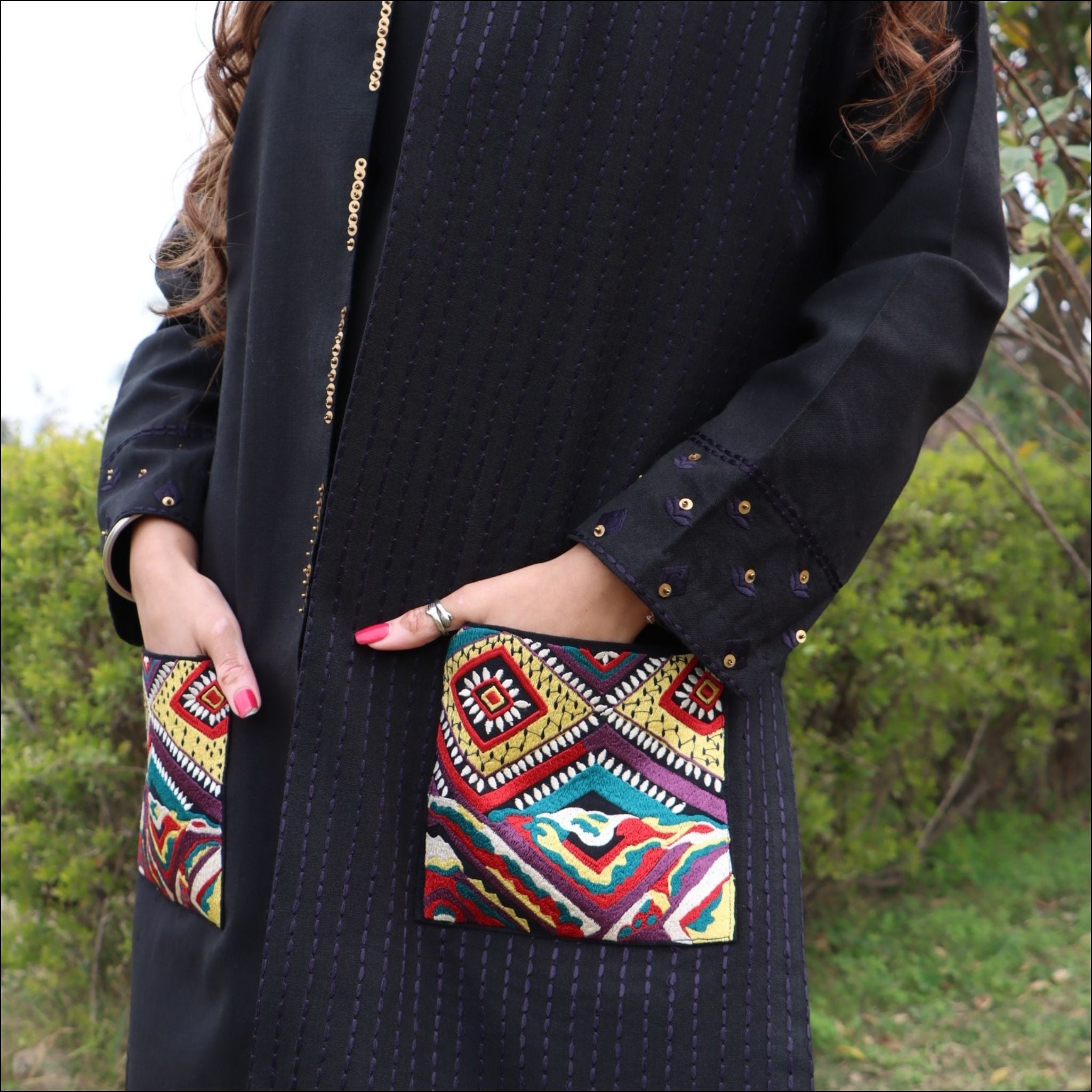 Black Spun Long A-Line Kurti with Embroidered Jacket