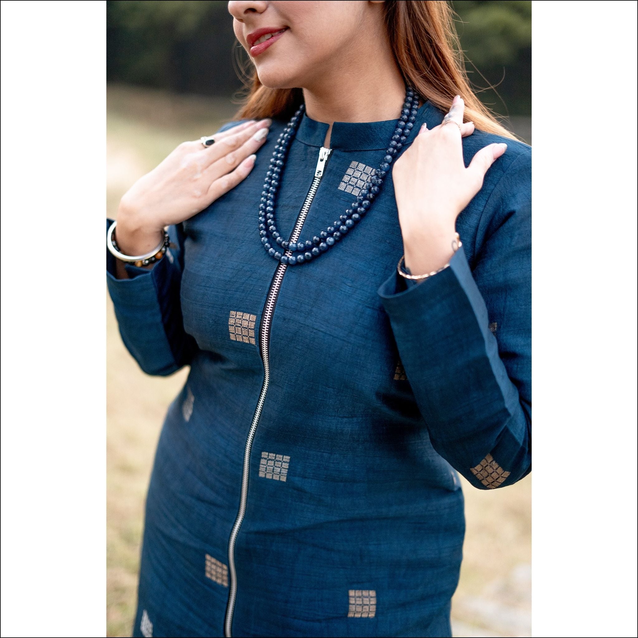 Indigo Blue Silk Short Kurti with Silver Zari Weaving & Wide-Leg Pants