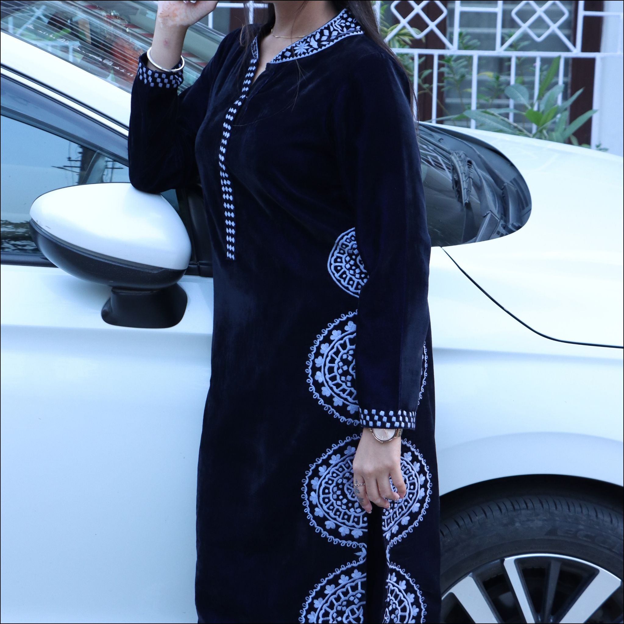 Dark Blue Velvet Kurti Pant Set with Embroidered Chinese Collar