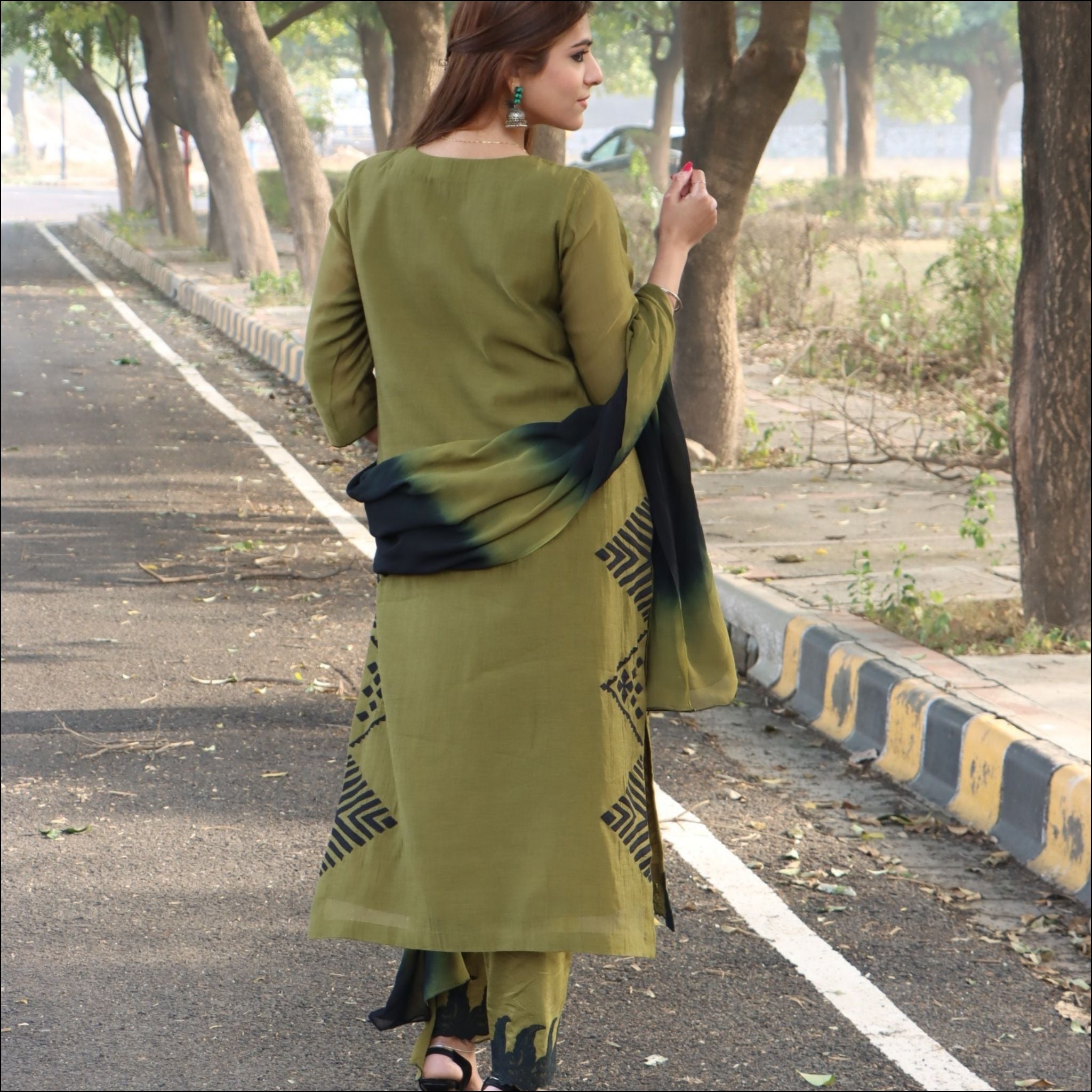 Mehendi Green Malai Cotton Suit with Applique Work & Shaded Dupatta