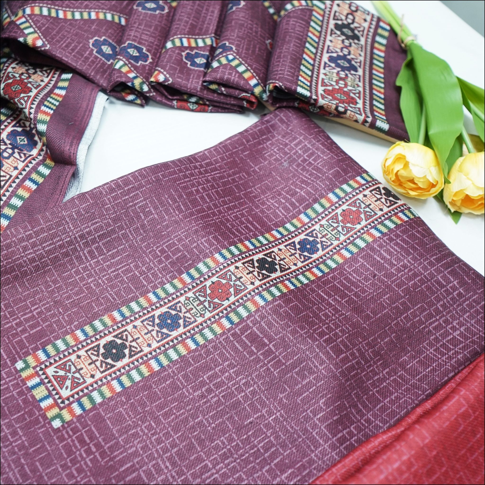 Red Maroon Brown Green Spun Unstitched Winter Suit Set