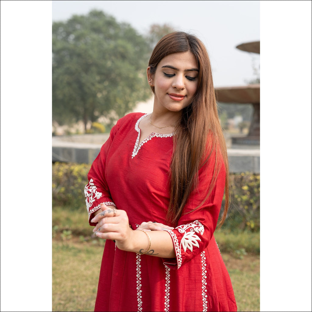 Red Silk Anarkali with Dori Work & Organza Dupatta
