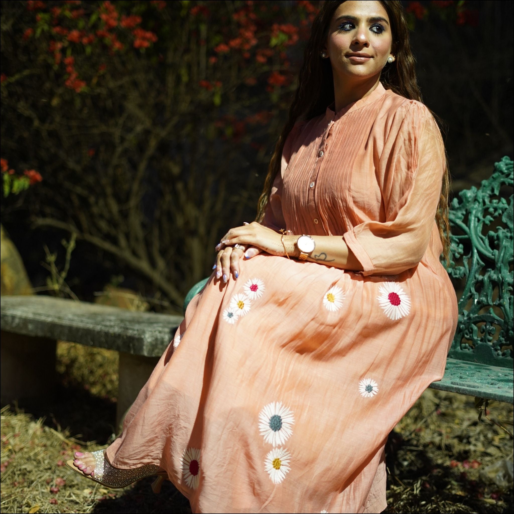 Peach Mul Cotton Pleated Kurti with Puff Sleeves & Cotton Pants