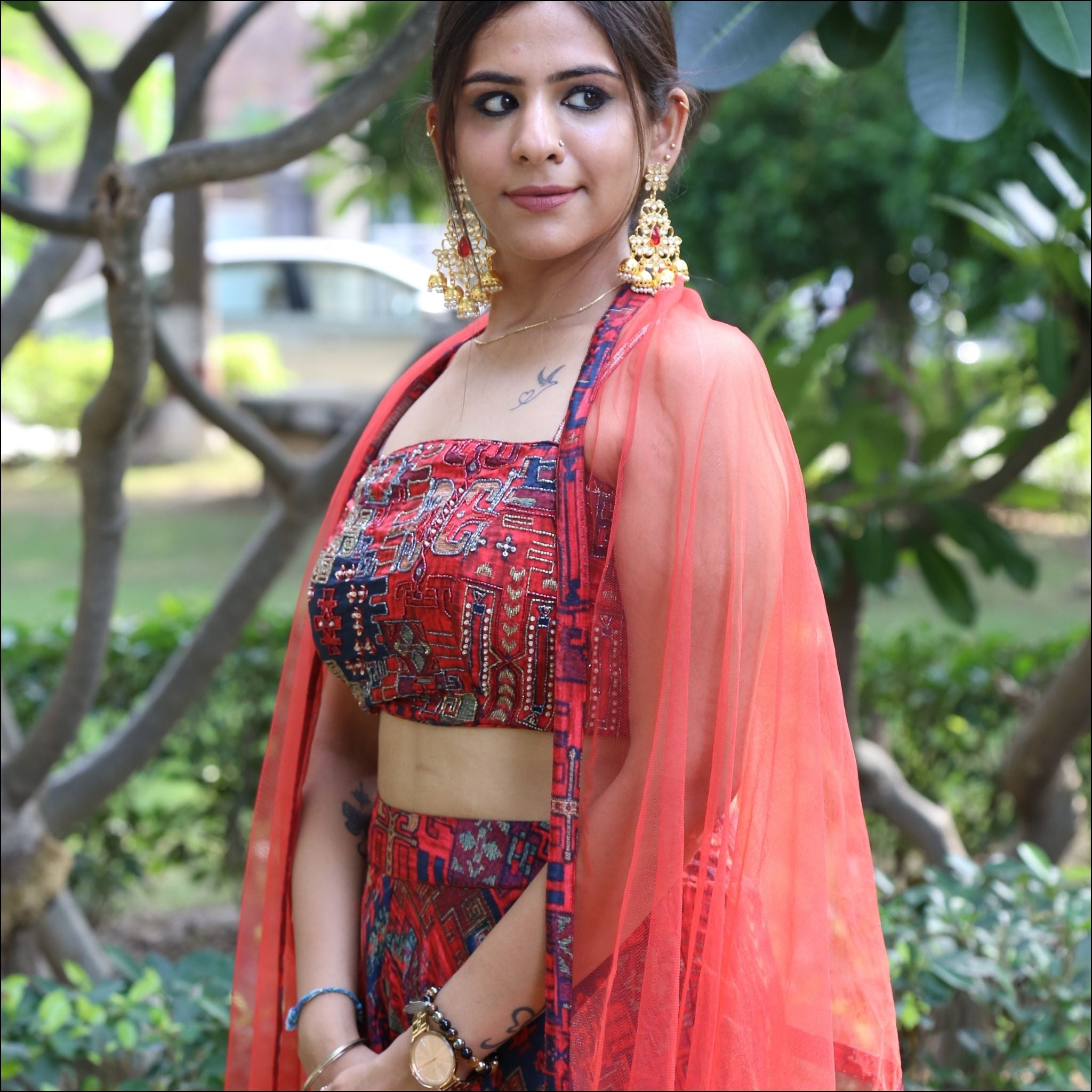 Muslin Flared Plazo Set with Strap Blouse & Handwork Net Dupatta