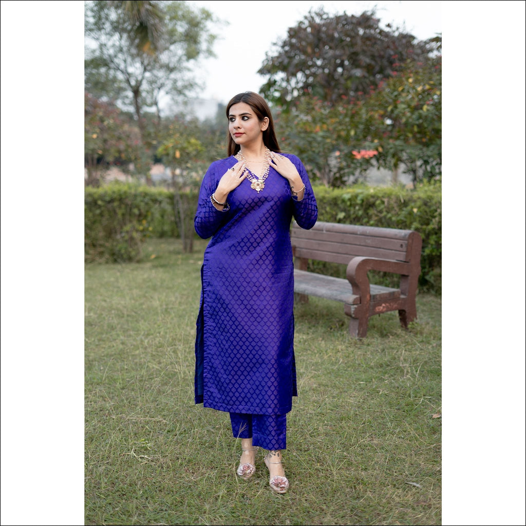 Royal Blue Silk Kurti Pant Set with Lace Neck & Sleeve Detailing