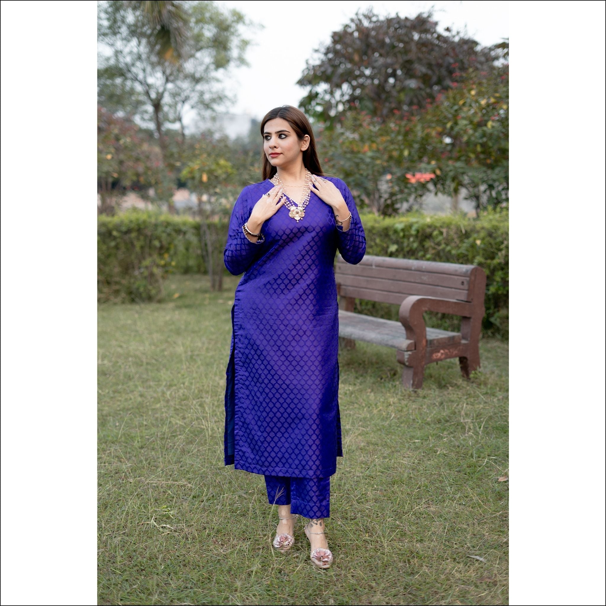 Royal Blue Silk Kurti Pant Set with Lace Neck & Sleeve Detailing
