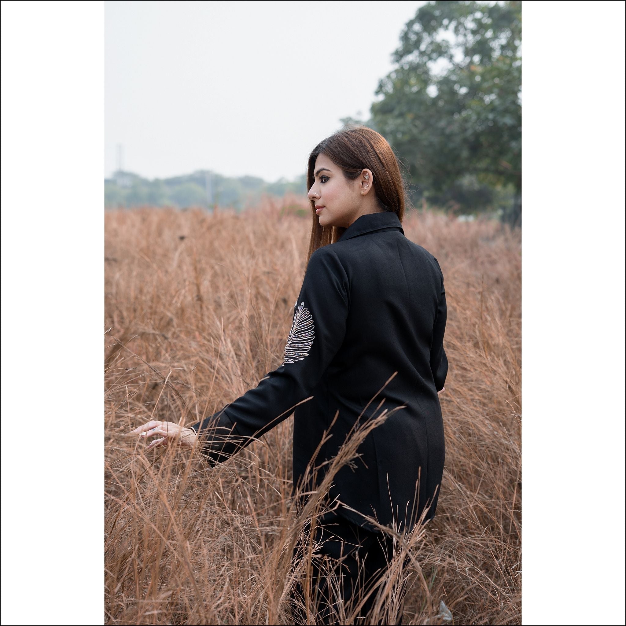 Black Spun Co-ord Set with Dori Leaf Work & Organza Sleeve Detail