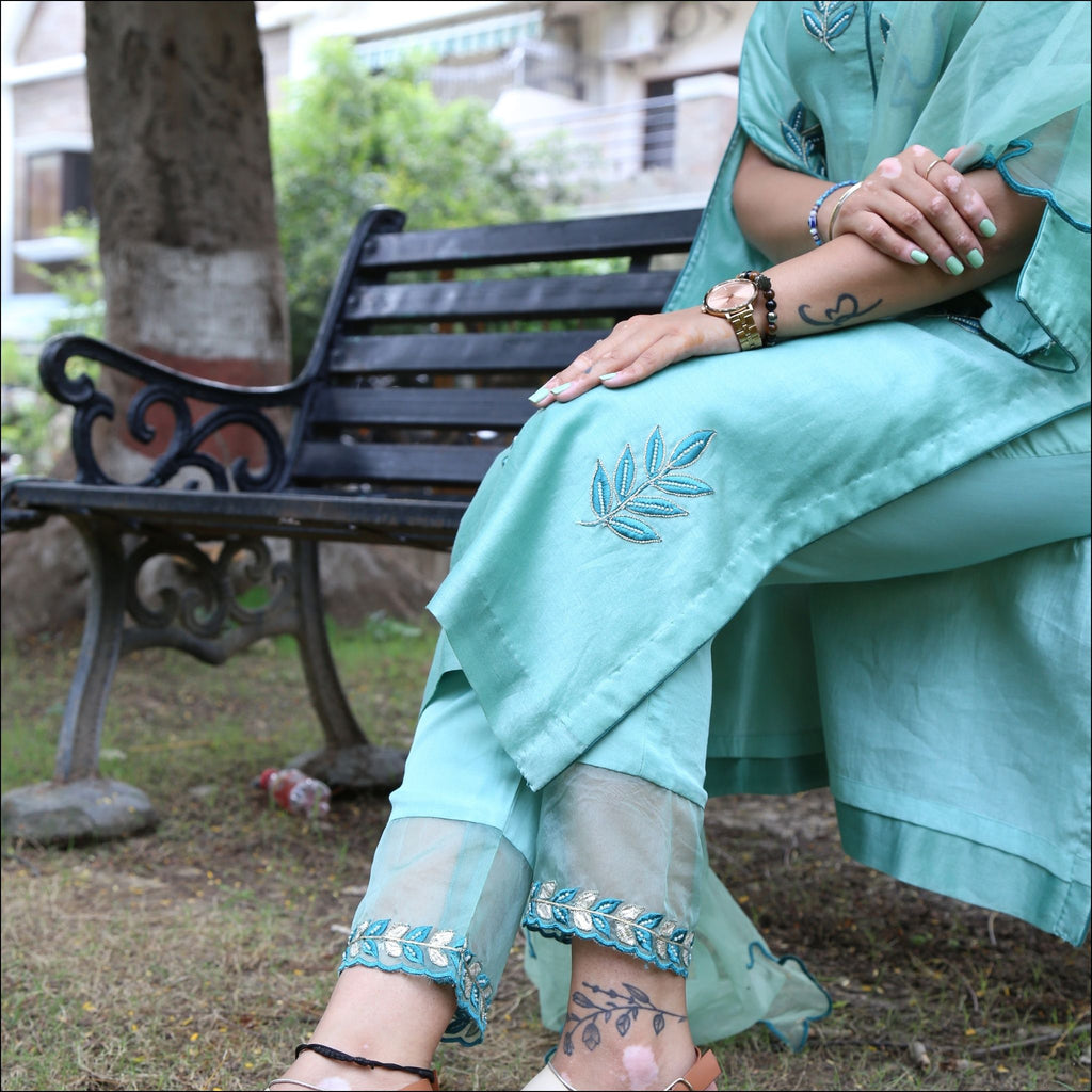 Chinese Collar V-Neck Suit with Pearl Embroidery & Organza Dupatta