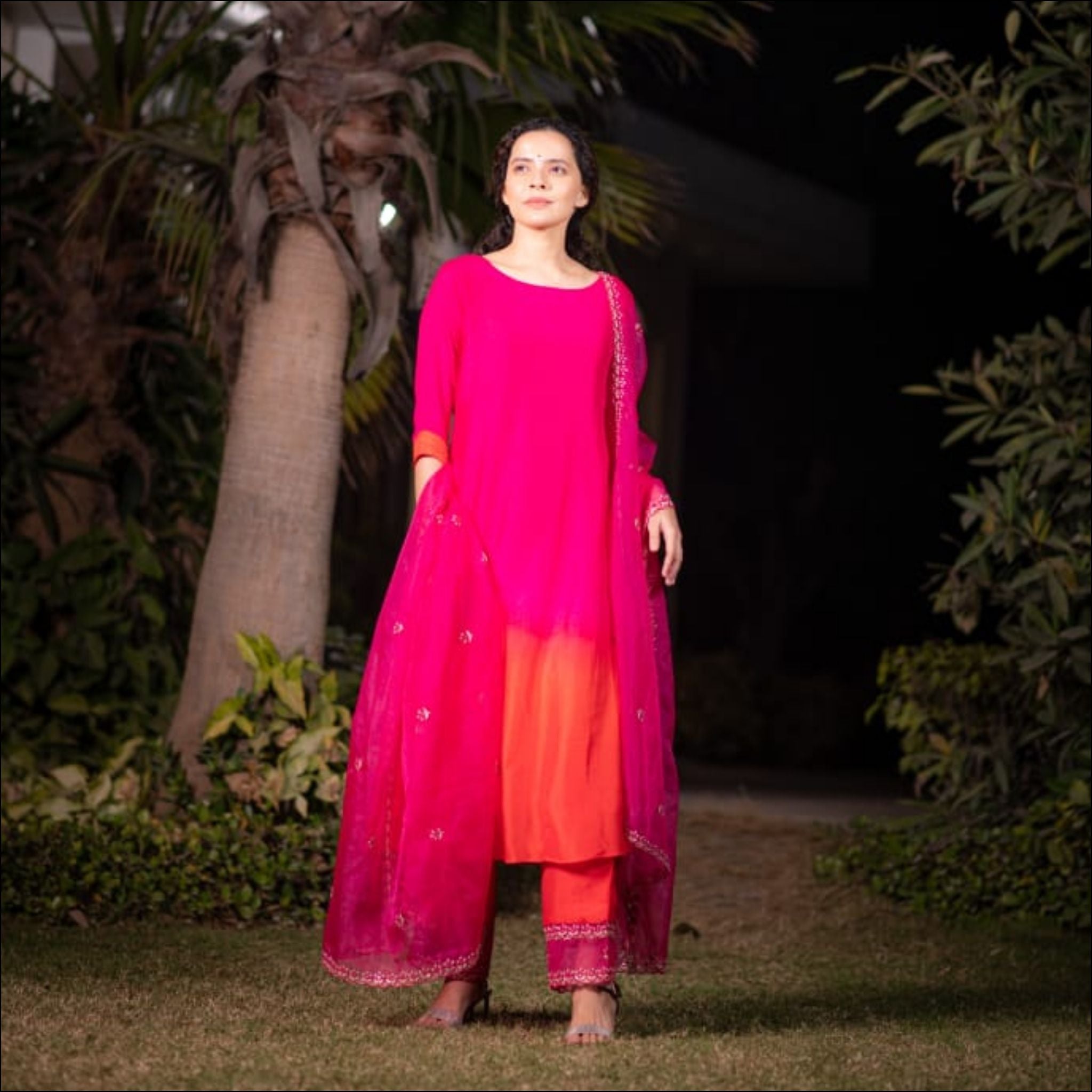 Pink Dupian Silk Ombre Suit Set with Gotta Patti & Organza Dupatta